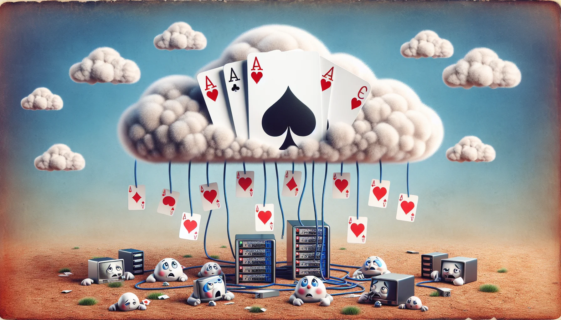 Create a humorous scene of a sky filled with playing card aces, depicted as fluffy white clouds. Below, a ground with various tiny servers and computers, all with cute, bewildered faces, are reaching up their cables trying to connect with the ace clouds. The scene should portray a metaphorical representation of cloud web hosting, with a playful and enticing aura surrounding it.