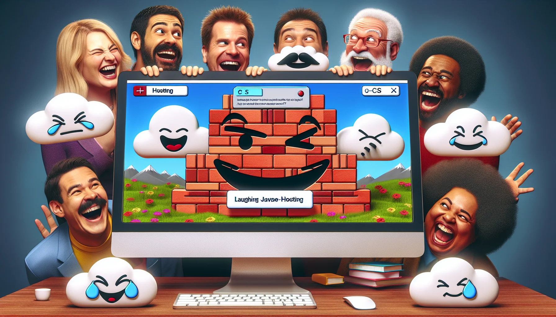 An amusing and enticing scene highlighting a fictional interactive web creation tool with a logo featuring iconic red bricks akin to adobe masonry. The interface of the digital application has playful design elements like winking CSS tags and laughing Javascript nuggets. Additionally, there are exaggerated 'hosting' buttons that are shaped like fluffy clouds which, when pressed, create palatial sky castles, suggesting a robust web hosting service. Behind the computer screen, a diverse group of individuals ranging from a Caucasian woman, a Black man, a Middle-Eastern woman, and a South Asian man are depicted laughing and enjoying the quirks of the tool.