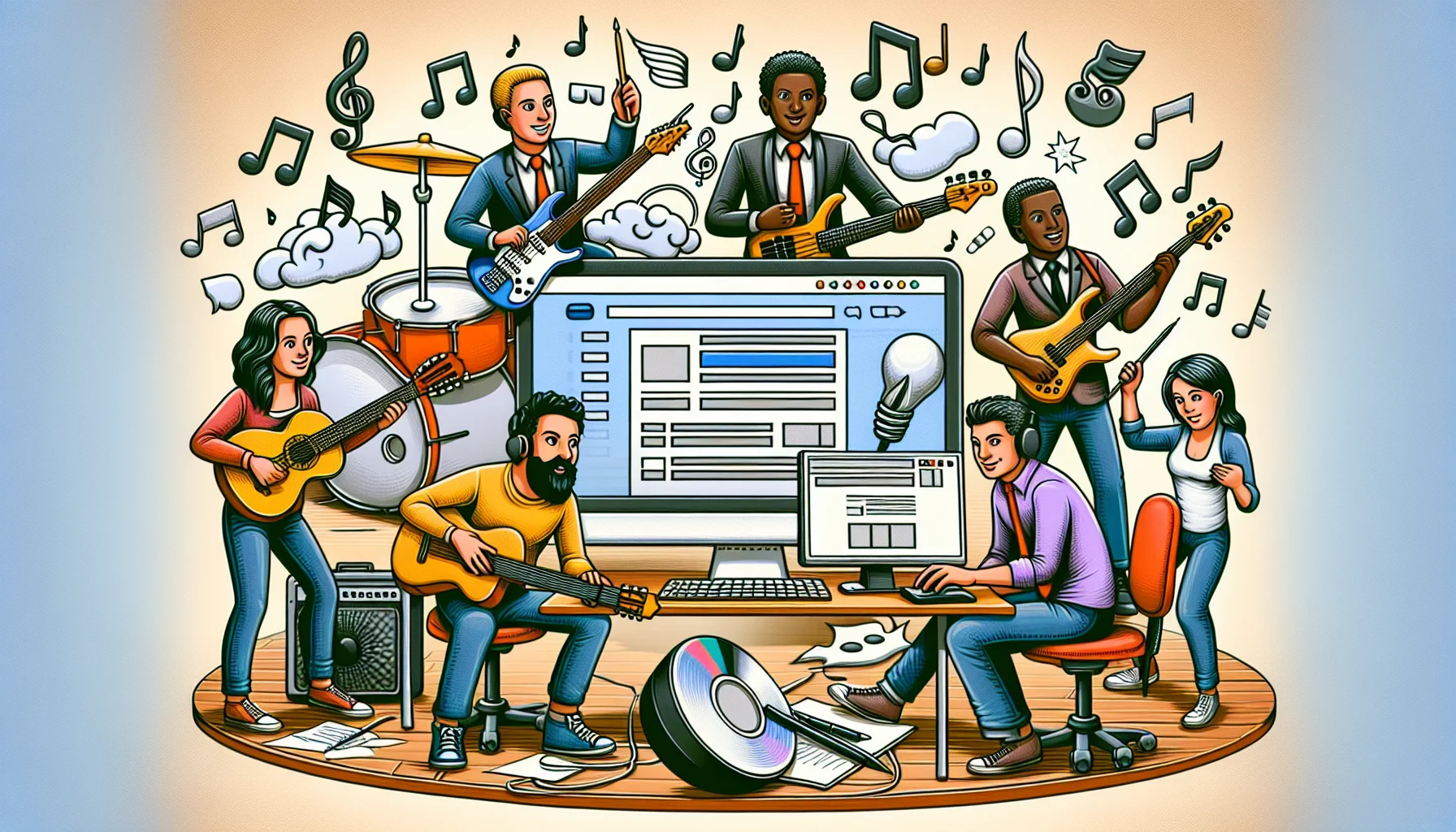 Create an image of a lively, humorous scene situated in an office setting where a band of four, diverse individuals, each from a different descent (Caucasian, Middle-Eastern, Asian, Black) are building a website together. Depict them with various musical instruments around them - a guitar, a pair of drum sticks, a keyboard, and a saxophone. The aesthetic should mimic lighthearted comedy, with elements such as a web hosting logo shaped like a musical note floating comically over them, a mouse cursor that looks like a guitar pick, and musical notes sprinkled around the website design they are creating.