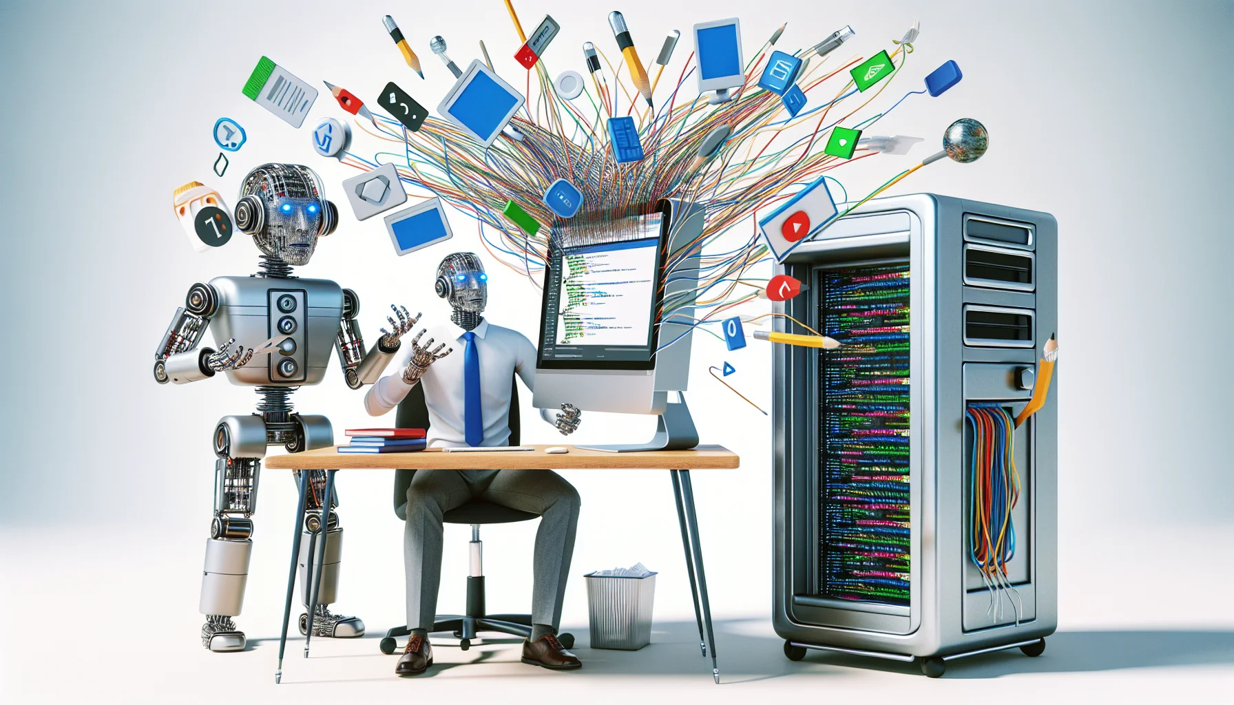 Imagine a humorous and engaging scene where an artificial intelligence website builder is at work. Picture an anthropomorphized AI with metal arms, wires as hair, and a screen showing lines of code as its face. It's sitting at a desk with a computer, surrounded by floating features of web design like buttons, banners, forms, and images. It appears to be juggling them deftly. Nearby, another AI dressed as a web server, portrayed as a gigantic metal locker with wires in different colors connecting to all directions, watches with amazement. The humorous element comes from the speed and efficiency of the AI website builder, making it seem like a magic trick.