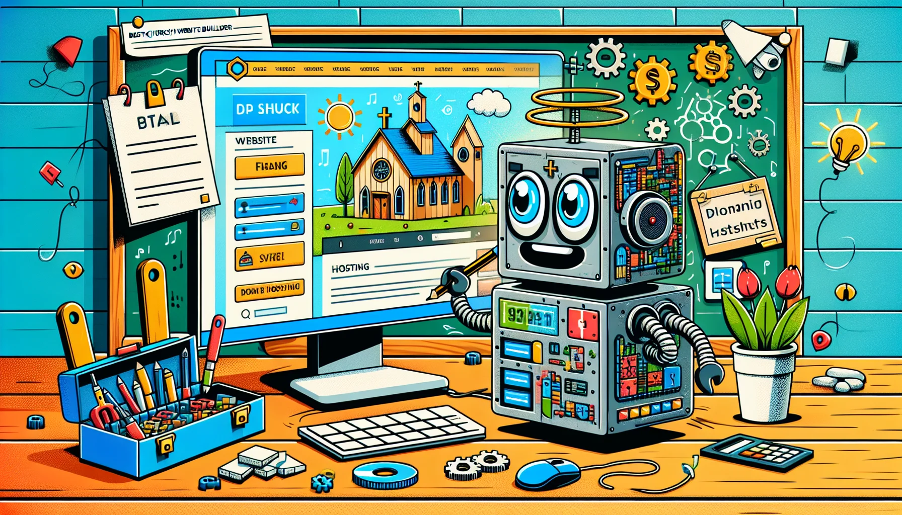 Create an image that humorously represents the best church website builder. Visualize a scene where a friendly-looking robot coded with religious symbols is diligently constructing a detailed website layout on a computer screen. The website is filled with features that indicate it's designed for a church, like a donation button and a schedule for services. The robot appears excited, focused on its task with gears turning swiftly. An open toolbox nearby is filled with web hosting tools signifying stellar hosting capabilities. The setting is vibrant, symbolic of a user-friendly environment.