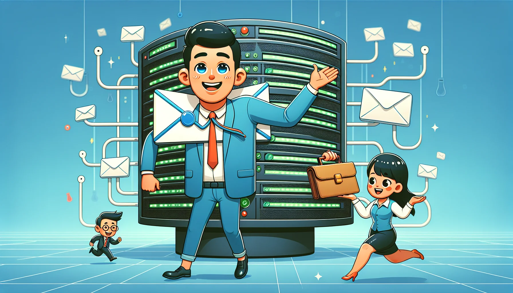 Create an image depicting a humorous, personified email with briefcase and tie, a Caucasian male, representing best email hosting for small businesses. He's cheerfully interacting with a comical, animate web server, an Asian female, represented as a supporting pillar with numerous smaller pillars (signifying web hosting). She is equipped with multiple arms to manage various functions simultaneously. They are in a lively, digitally themed office space, with tiny files and data packets floating around, symbolising the digital nature of their operations. Both characters appear confident and efficient, giving the impression of a robust, reliable service.