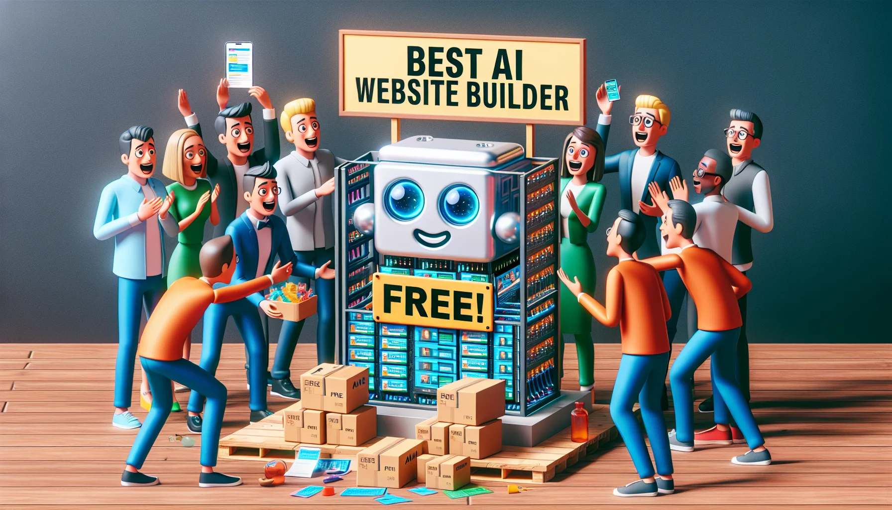 Create an imaginative yet somewhat realistic scene that humorously emphasizes the benefits of a free AI website builder. The scene should have an AI machine proudly showing off its website creation. It could feature a signboard saying 'Best AI Website Builder' and 'Free!' to emphasize the free part of it. For the humor component, show the AI adding fun and exciting elements on its website with a grin on its 'face'. Simultaneously, there are people from various descents and genders looking amazed while holding their web hosting server boxes. Make sure the scene is enticing and evokes a sense of intrigue about web hosting.