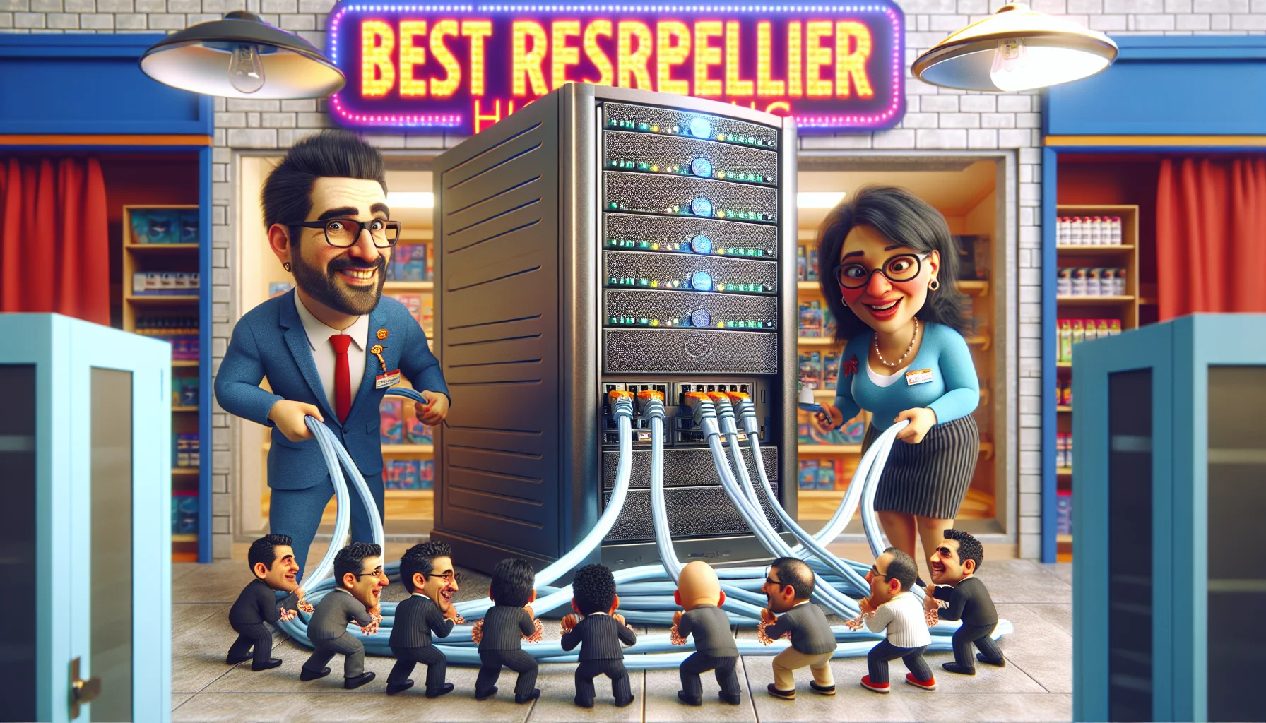 Create an image showcasing a comical scenario in the world of reseller web hosting. In this comedic scene, imagine an oversize computer server, gleaming silver and covered in blinking lights in a whimsical retail shop setting. A group of animated characters, Caucasian male with a beard, Hispanic female with glasses, and Middle-eastern male with short hair are all dressed in professional attire, each holding oversized ethernet cables as leashes leading to tiny, anthropomorphic website icons that are clamoring to jump into the server. Position a brightly colored sign in the background saying 'Best Reseller Hosting' commanded by a South Asian Female Shopkeeper having a light-hearted laugh.