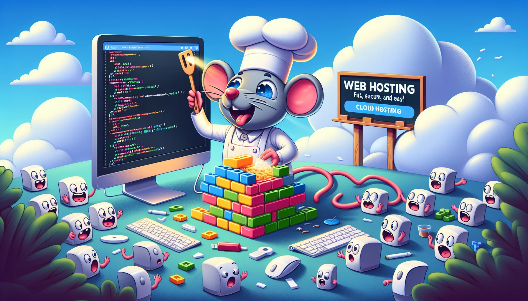 Create a comical and engaging image showcasing the concept of a top-tier restaurant website builder software. In the setting, let's have an anthropomorphic computer mouse with a chef's hat and apron, deftly constructing a digital restaurant with glowing code bricks. Around him, a crowd of other computer accessories like keyboards and flash drives, show surprised and admiring expressions. In the background, we can see a billboard advertising 'Web Hosting - Fast, Secure, and Easy!' support draped on a cloud, to signify the cloud hosting premise. This is all occurring in a whimsical, almost cartoonish digital landscape.