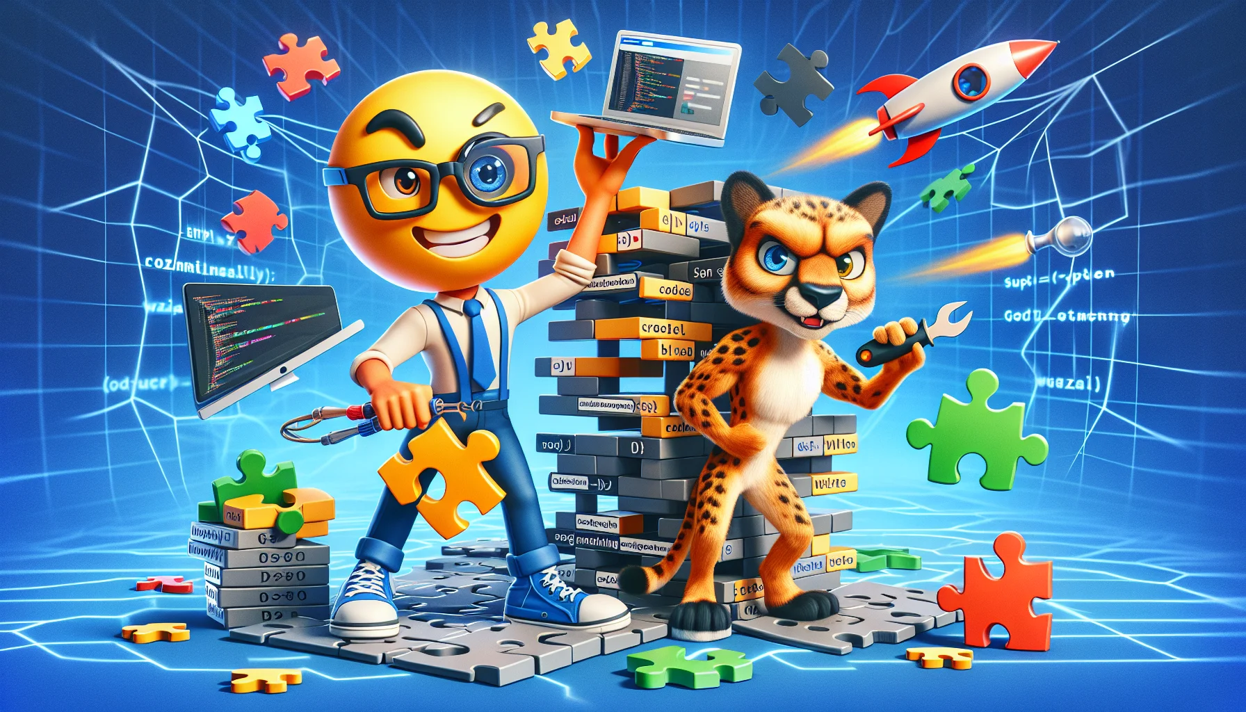 Generate a humorous image of a typical website building scenario. Picture a human personified as 'Best Affiliate Marketing Website Builder', a character with glasses, a nerdy demeanor, and tools in hand such as a oversized screwdriver and code brackets. This character has a emoji face with a wink, symbolizing its cunning. Beside it stands the 'Web Hosting', depicted as a super-fast cheetah with a rocket pack on its back, symbolizing the high-speed and efficiency. Both characters are engaged in a playful but professional setting, amidst a backdrop of abstract internet cyberspace. They are arranging giant, 3D puzzle pieces into a website shape, showing the ease of building a website.