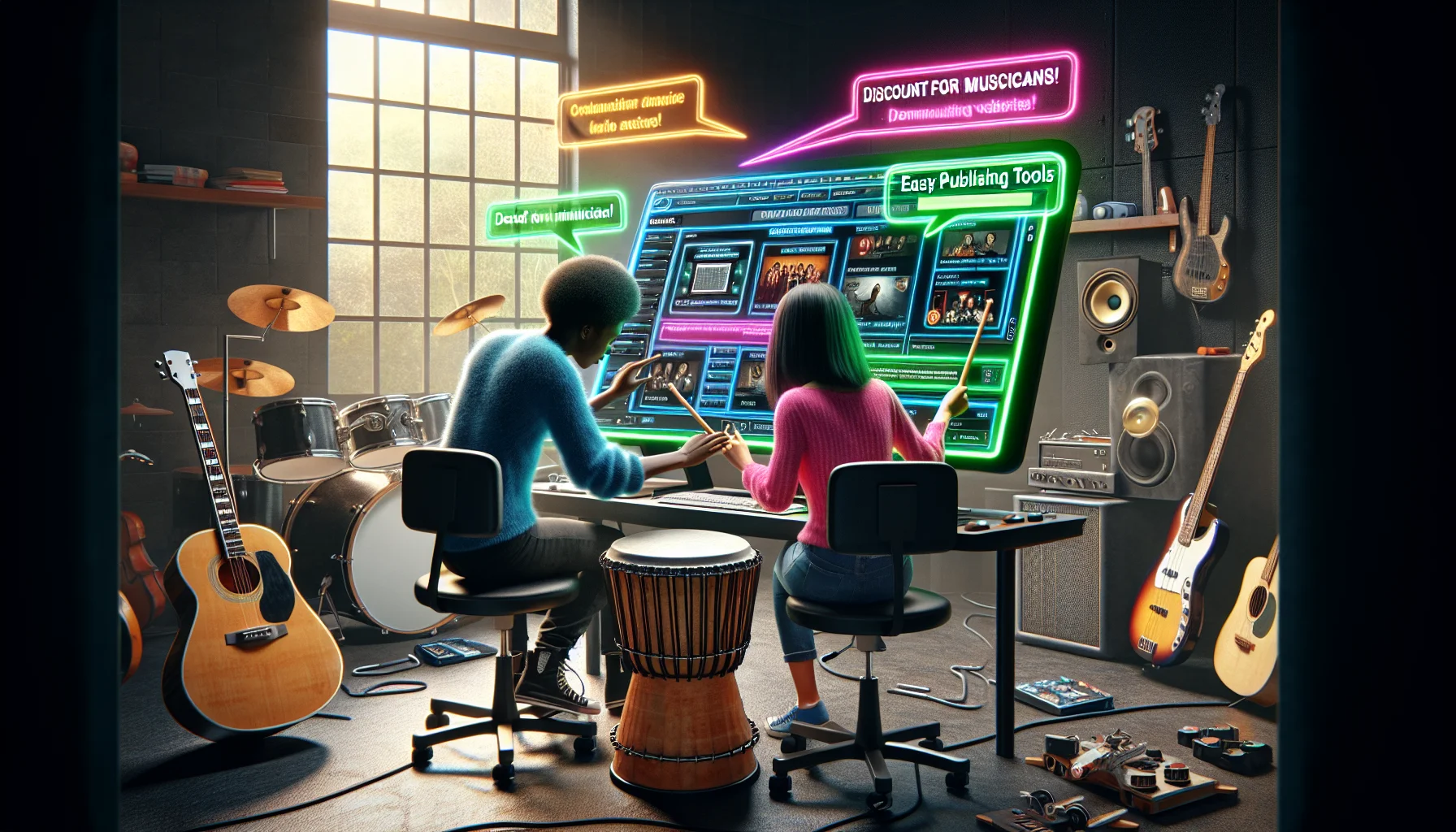 Create a comical, realistic image that represents the environment of a music studio filled with variety of musical instruments. In the scene, an African female guitarist is collaborating with her Asian male drumming friend to build a website on a large, futuristic touch-screen computer. The computer screen displays a user-friendly interface and options that aid musicians in creating their own websites. With an inviting, humorous twist, the computer screen attempts to entice the musicians with bright neon pop-ups saying 'Discount for Musicians!' and 'Easy Publishing Tools!'
