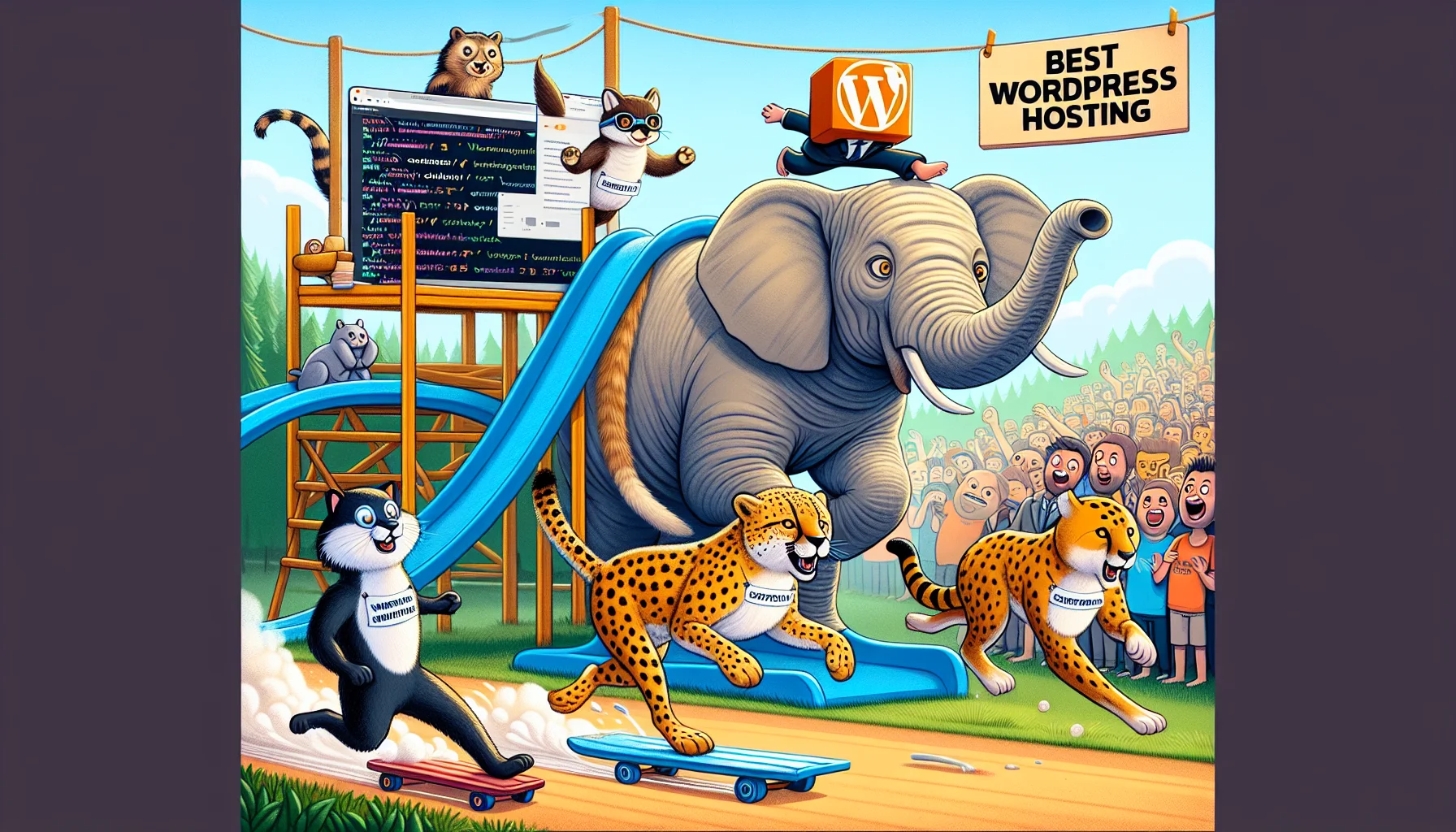 Create a humorous scene featuring anthropomorphic animals, each representing different aspects of WordPress hosting. A slick otter represents user-friendly interfaces, a sturdy elephant signifies reliable uptime, and a speedy cheetah stands for quick plugin installation. They are all racing, with the elephant balancing a website on its trunk, the otter sliding on a slide made of code, and the cheetah sprinting with a plug-in icon in its paw. In the background, a crowd of various other animals cheer them on. A hanging sign reads 'Best WordPress Hosting'. Add a faux Reddit upvote button hanging from a tree, subtly implying that this is from a Reddit discussion.