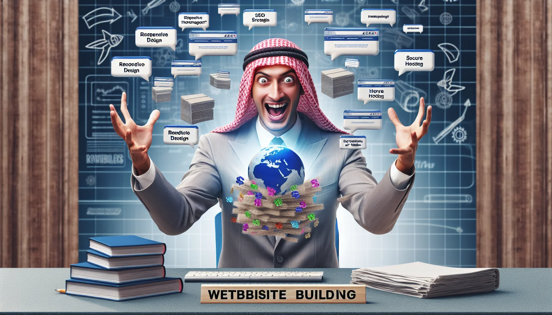 Create a realistic image showcasing a humorous scenario related to website building. This is characterized by a male website builder, of Middle-Eastern descent, enthusiastically demonstrating the process of constructing a website. He is surrounded by 3D images of websites floating above his hands, underlying the key elements such as responsive design, SEO strategies, secure hosting, and user-friendly interfaces. This scene is enclosed within a wider setting imitating an energetic, entertaining infomercial or advertisement.