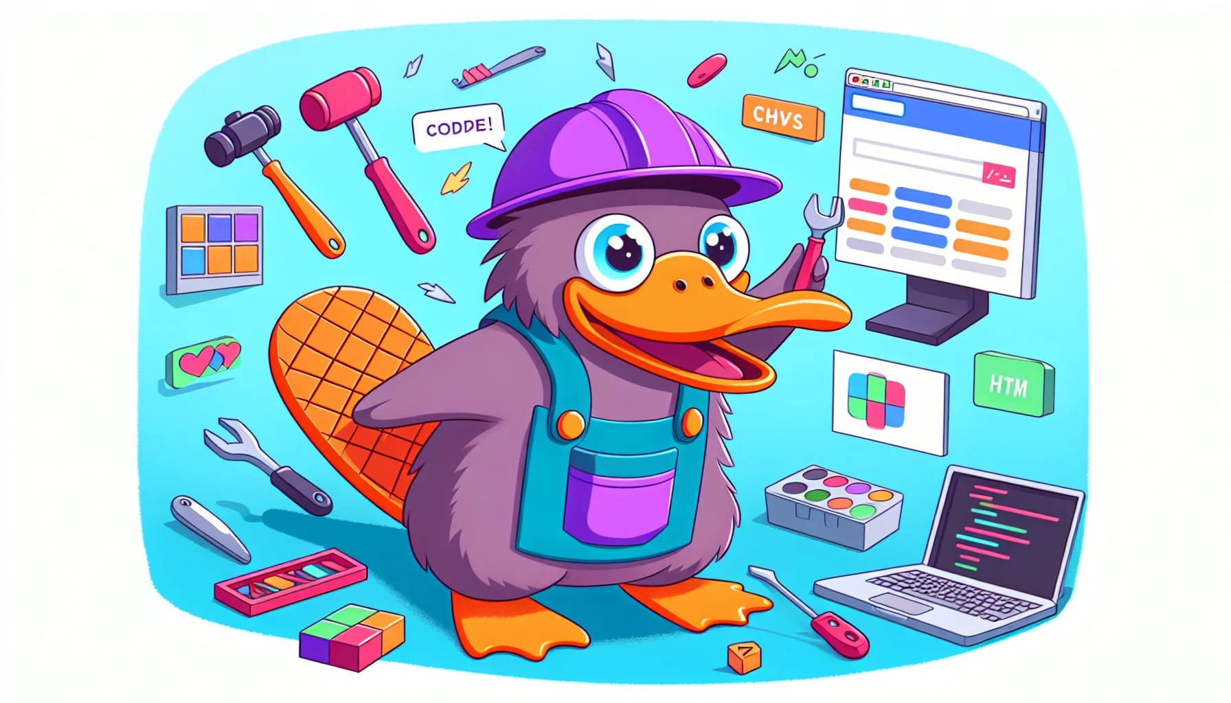 Illustrate a humorous scenario where an anthropomorphized platypus, as a metaphorical representation of a web building tool, is enthusiastically constructing a colorful website. The website is filled with a variety of fun symbols, like digital bricks and coding hammers. The platypus wears a violet worker's hat and a matching apron filled with tools like HTML tags, CSS palettes, and JavaScript wrenches. Showcase it in such a way that it appears engaging and appealing to web hosting enthusiasts.