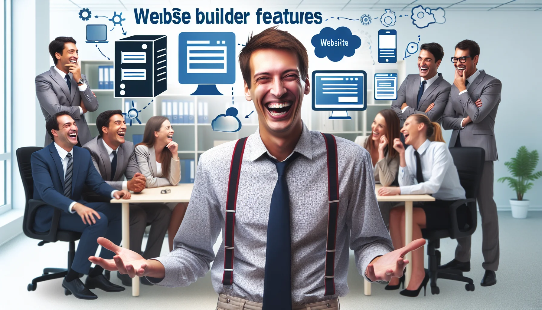 Create a humorous and enticing image showcasing a tall, humorous, and savvy web developer with short brown hair, dressed in casual business attire, presenting website builder features. This scene takes place in a modern office environment filled with associates, who are equally diverse in ethnicity and gender, laughing together. Add elements of web hosting in the background, such as servers, website icons and cloud graphics, to reinforce the theme.