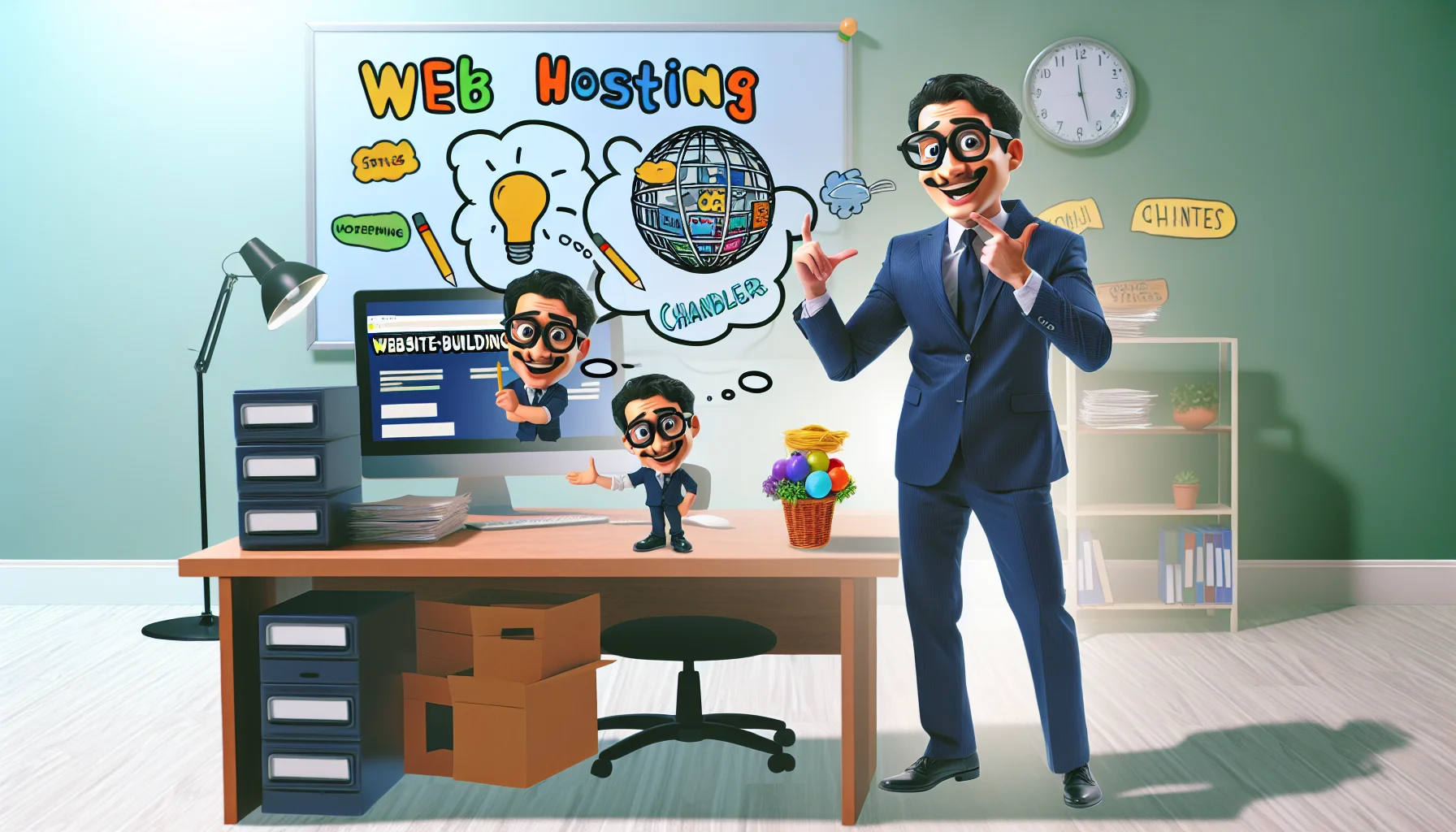 Create a lighthearted and amusing scenario featuring a fictional website-building character known as 'Chandler' who is working at 'Westberg & Associates', a fictitious digital services agency. The scene should showcase Chandler comically dealing with various elements of web hosting in imaginative and engaging ways. It would give the audience a sense of enjoyment and interest promoting the concept of website building and hosting.