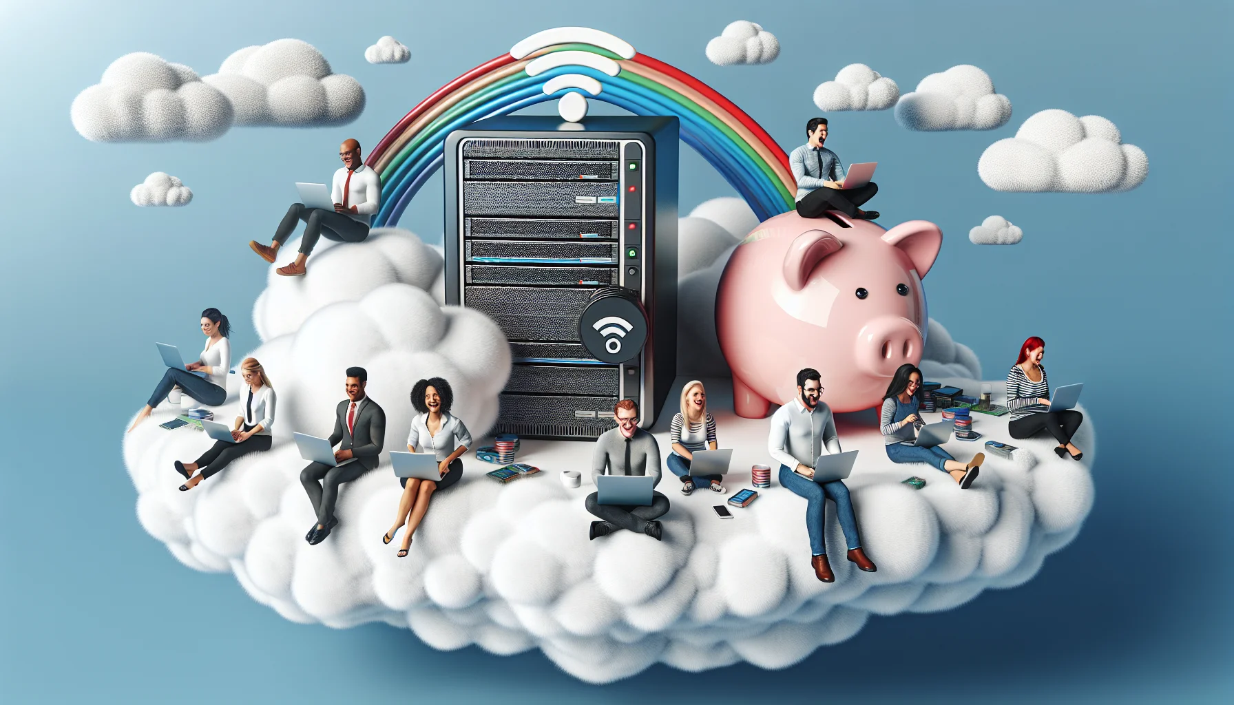 Create a realistic yet amusing image pertaining to low-cost cPanel web hosting. Imagine there's a large computer server shaped like a piggy bank (signifying affordability), sitting on a floating island surrounded by fluffy white 'data' clouds. On the island, a diverse group of engineers, consisting of a Middle-Eastern woman, Caucasian man, and a Black woman, are enthusiastically and jovially working on their laptops, signifying the enticement of web hosting. A rainbow in the background subtly forms the shape of a Wi-Fi signal, further emphasizing the concept of internet and web hosting.