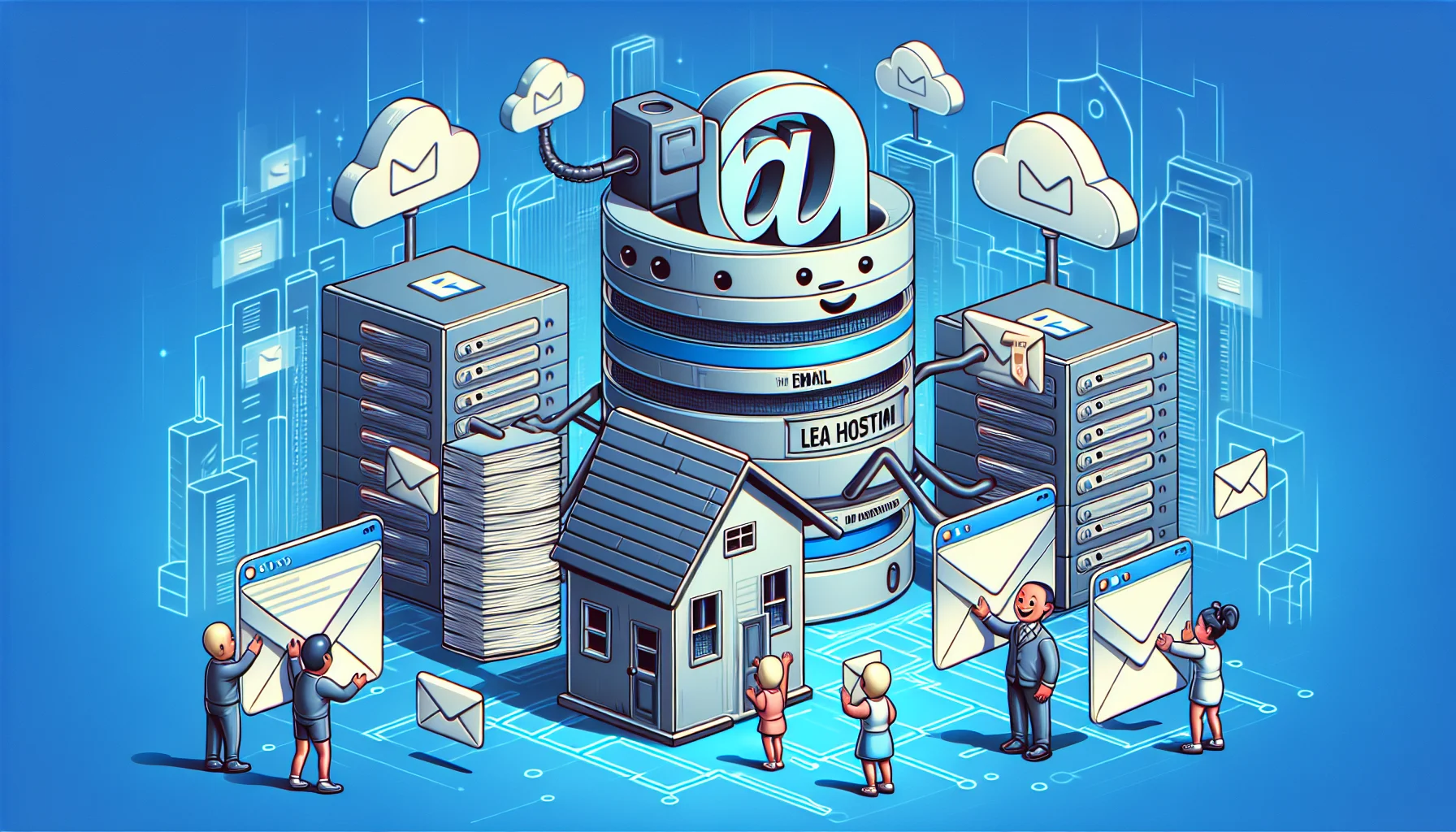 Create a detailed illustration of a comical situation meant to highlight budget-friendly email hosting. Showcase a small, abstract representation of an email, depicted as a tiny house with an 'at' symbol on it, cheerfully welcoming incoming messages depicted as letters. Nearby, web hosting is represented by a larger house, also anthropomorphized and happily interacting with a group of document icons, demonstrating file sharing. Emphasize an atmosphere of friendly collaboration and efficient service, all set against a backdrop of futuristic cityscape to symbolize the digital realm.