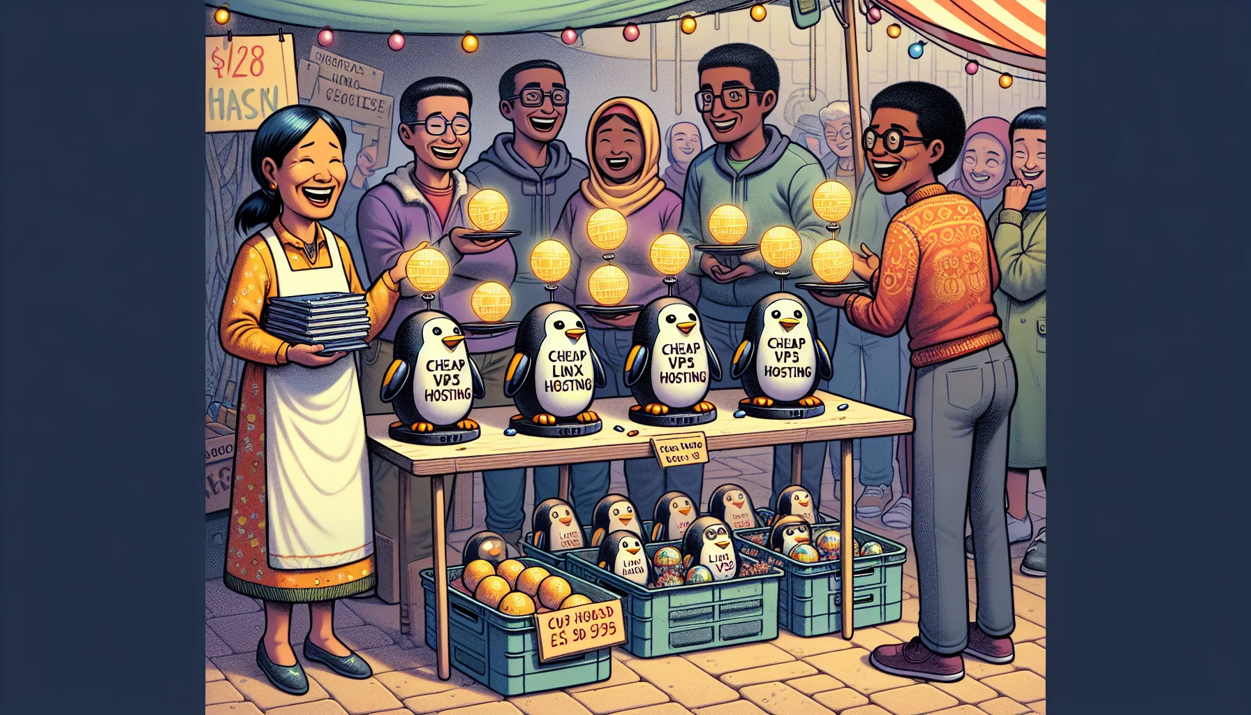 Imagine a humorous scene depicting a flea market where digital items are being sold. At one stall, a cheerful vendor, a middle-aged East Asian woman, is exhibiting small, whimsical robot penguins, each with a sign proclaiming 'Cheap Linux VPS Hosting'. The penguins, as if on cue, are demonstrating their efficiency by juggling multiple spheres, each sphere luminous and etched with the symbol of a website. A variety of potential customers, including a young Black male in tech gear and a South Asian woman with a stack of coding books, are laughing and showing visible interest, intrigued by this unique method of web hosting promotion.