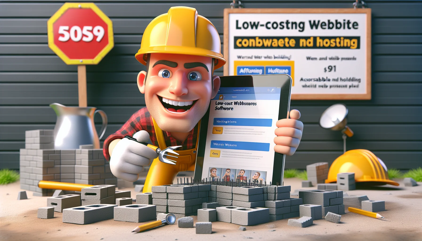 Create a humorous scene involving a low-cost website creation software designed like a character. This character, portrayed as a Caucasian male construction worker, is remarkably building webpages using his tools on a digital tablet screen instead of traditional cement and bricks. He's wearing a bright yellow construction helmet, with a wide, friendly smile, providing an enticing atmosphere. In the background, there's a signboard promoting affordable web hosting plans. The scene is vibrant with bright colors and cartoonish charm, emphasizing the accessible and affordable nature of website building and hosting.