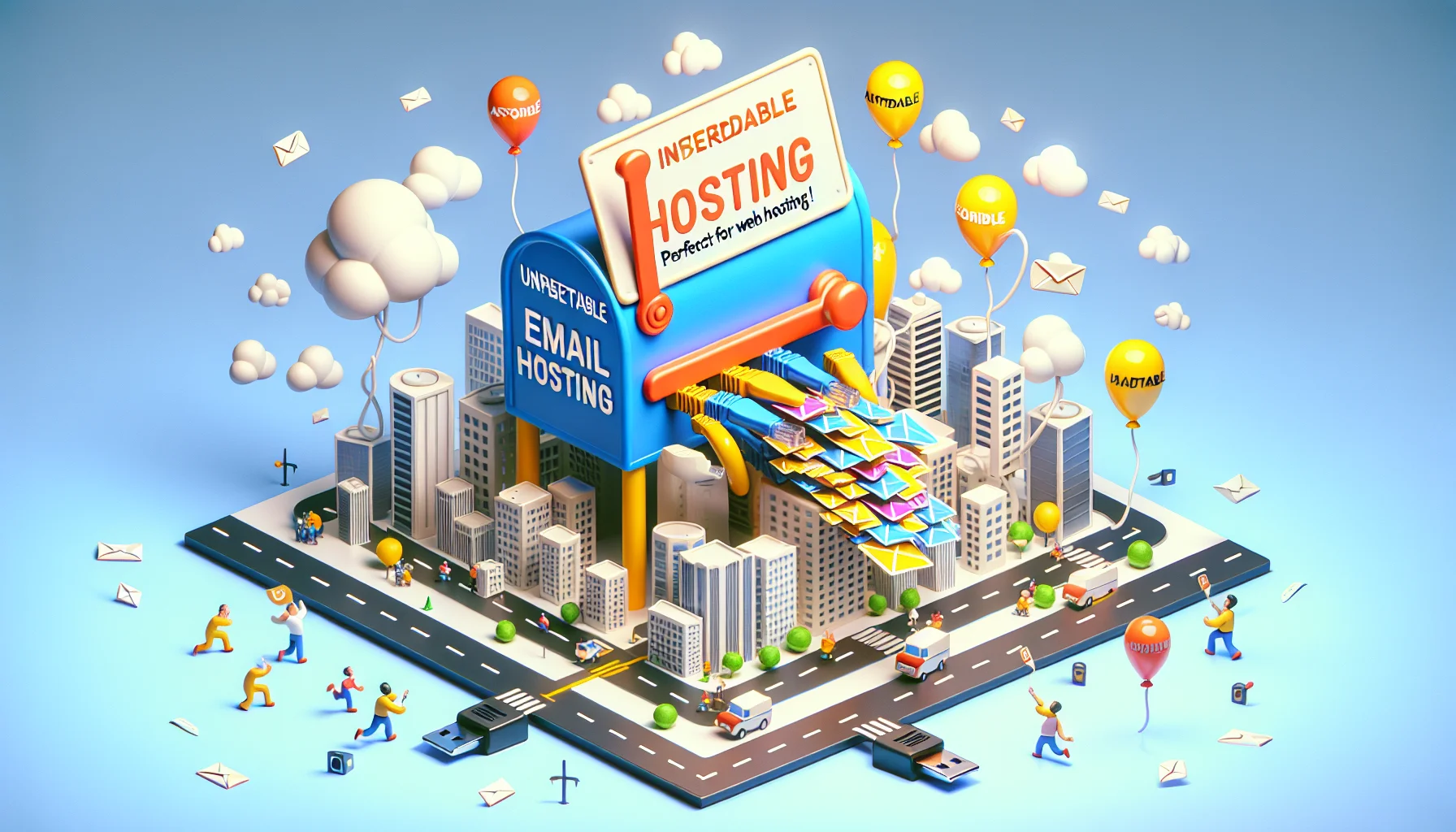 Imagine an amusing scene showcasing inexpensive email hosting in a compelling light. There is a cute and giant mailbox icon exaggerated in size, towering over a miniature city skyline. Scurrying around it, cartoon individuals visibly awed by the towering mailbox are busy plugging in humorous oversized ethernet cables. The mailbox itself is funnily brimming with colorful envelopes which are raining onto the miniature city, symbolizing the ample storage for emails. Balloons with 'affordable' and 'reliable' are floating around to suggest the cost-effective and dependable nature of the service. An enormous banner with a playful font announces 'Unbeatable Email hosting, perfect for Web Hosting!'