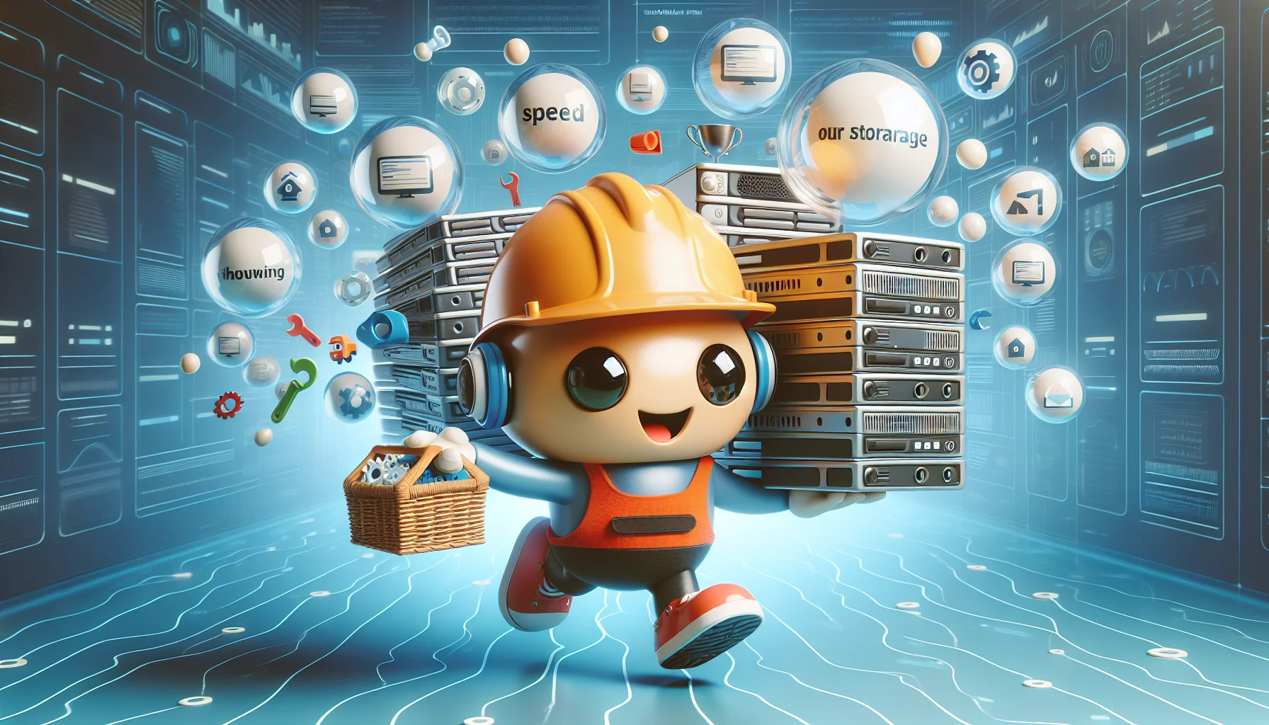 Create a humorous and realistic representation of an inexpensive website builder tool. Let us imagine it as a small, charming robot with a construction hat. It's energetically and merrily hoarding a plethora of website components remarking the wide variety of web hosting options. All around it are floating bubbles, each symbolizing different web hosting features like speed, storage, and customer support. In the background, there's an ever-evolving digital landscape symbolizing future expansion and potential growth of the website.