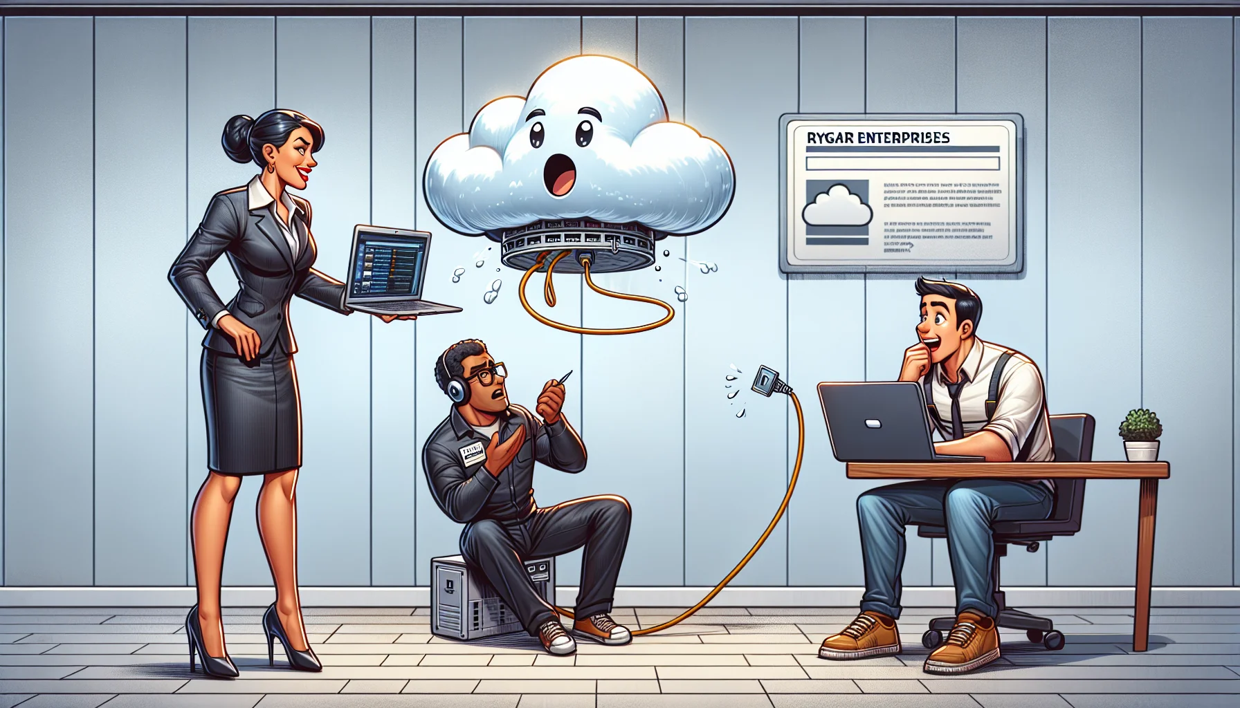 Depict a humorous scenario related to cloud hosting. Show a cartoon image of three characters interacting in an office setting. The first character, a Caucasian woman in a sharp suit, is explaining the benefits of cloud hosting using a large cloud model floating above her hand. The second character, a Black man wearing a technician's outfit, is looking at the cloud in awe, holding a network cable in his hand. The third character, a South Asian man in casual attire, is looking at his laptop screen, surprised as he watches the data transfer at an amazing speed. Include a sign on the wall that reads 'Rygar Enterprises - We make web hosting a breeze.'