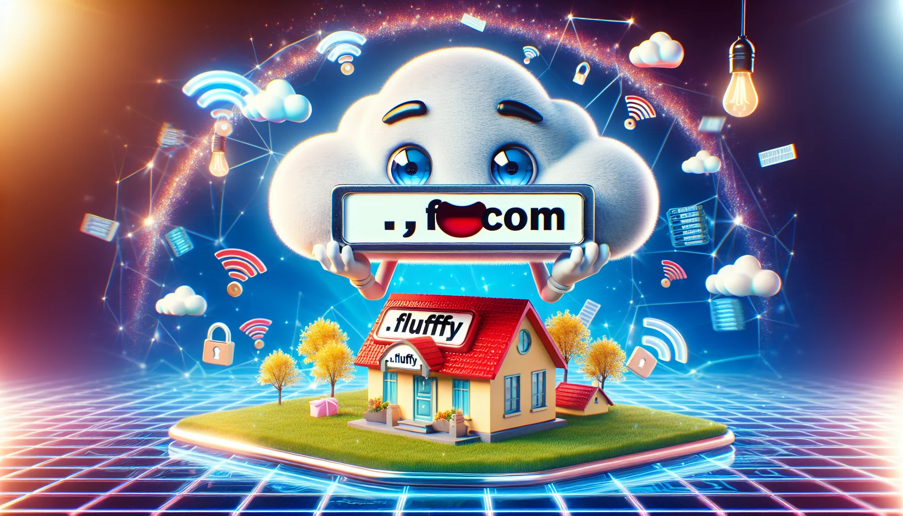 Generate a humorous scenario featuring an animated cloud character with a smiling, friendly face, holding an oversized, stylized domain label in its fluffy arms. However, instead of the usual '.com', the domain extension is '.fluffy'. The cloud is 'floating' over a vibrant, attractively designed web host represented by a spacious, inviting digital 'home'. The cloud pitches the '.fluffy' domain to the digital home with excited gestures and animated facial expressions. The surrounding environment sparkles with internet-related imagery like Wi-Fi signals, network nodes, and data packets. The scene communicates the ease and fun of web hosting and domain registration.