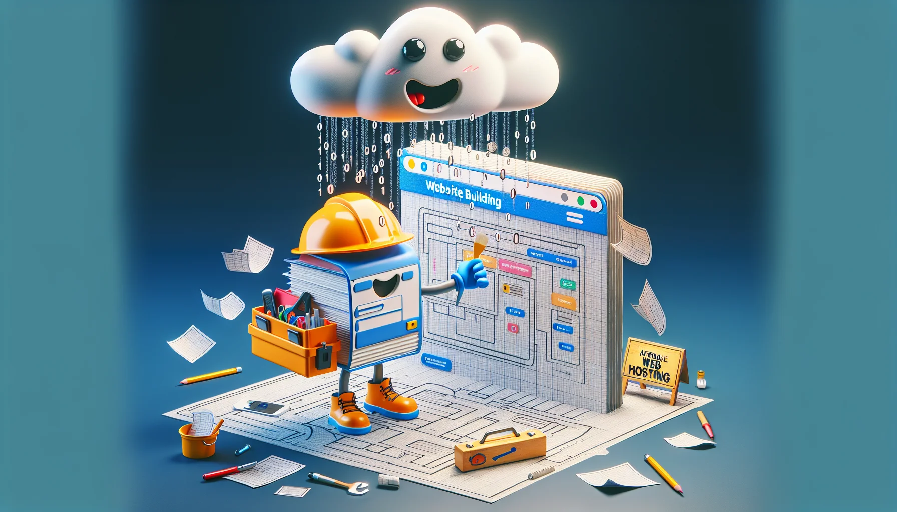A humorous scene showcasing an imaginary website construction tool. This browser-based tool comes to life as a friendly cartoon character with a builder's hardhat and a toolbox full of design elements. It playfully arranges and rearranges various website elements on a blueprint of a web page layout, under a hovering cloud that pours a light rain of binary 1s and 0s, symbolizing web hosting. Leaning against the corner of the blueprint is a sign that reads 'Affordable Web Hosting' with a smiley face on it. The scene strikes a balance between whimsy and the realistic functionality of the website builder tool.