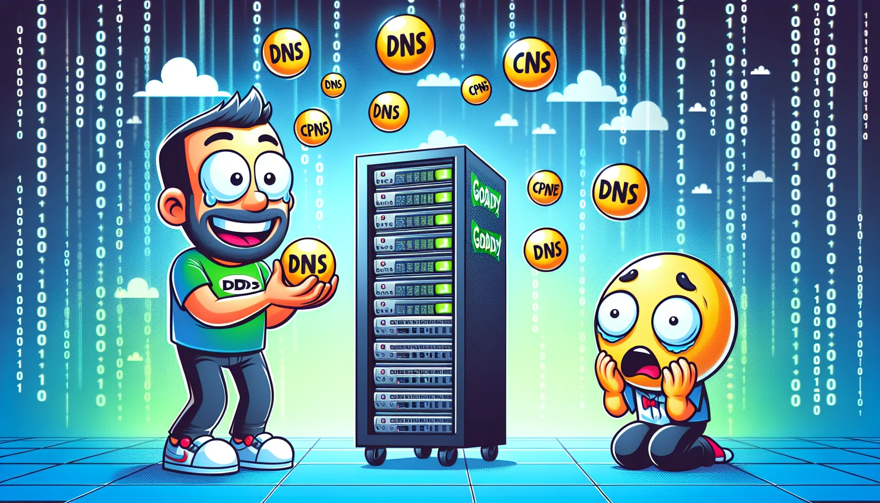 Illustrate a humorous scenario taking place in a web hosting environment. Show a humanoid server rack with a friendly smile, juggling various DNS balls labeled 