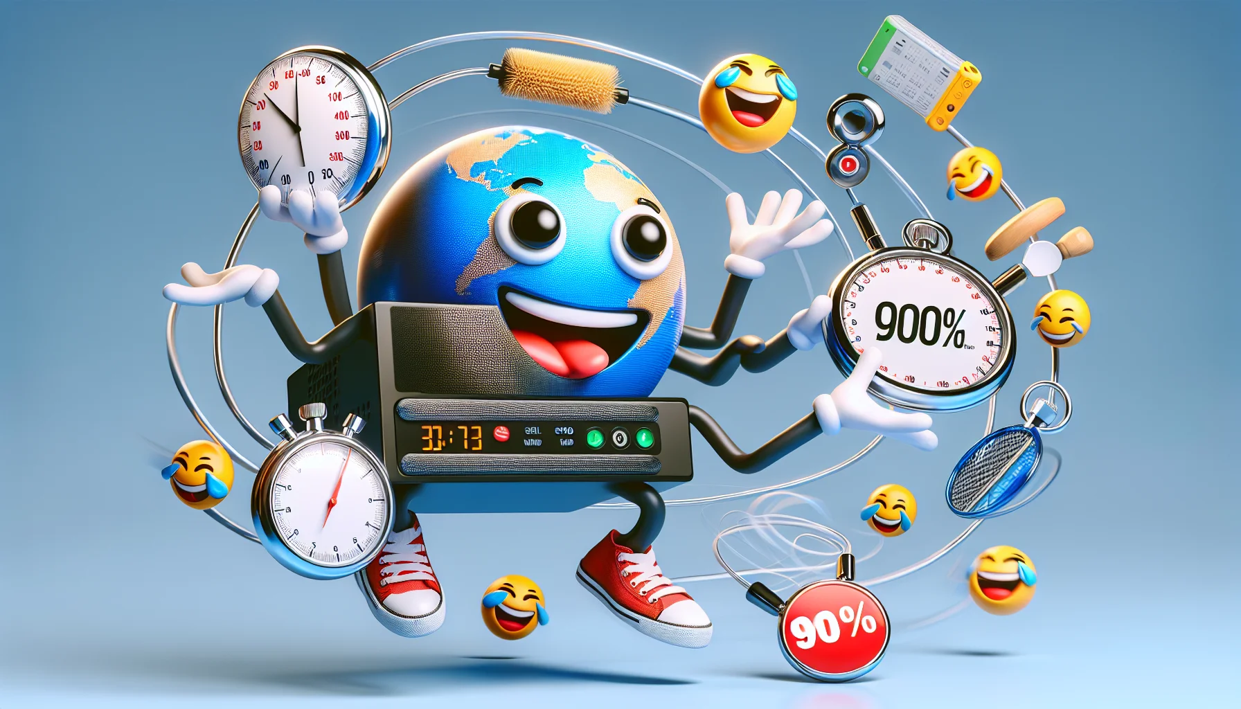Create a realistic, comical scene illustrating the abstract concept of web hosting. Visualize a caricature of a control panel energetically performing tasks. It's juggling a variety of items—a globe signifying the web, a stopwatch for speed, a lock for security, and a 99% badge for uptime. Also, create some laughing emojis floating around to add a hilarious touch. To highlight the ease of use, the control panel is doing all these effortlessly, with a smug smile. Please remember, this image should not be a direct reference to any specific web hosting service or brand.