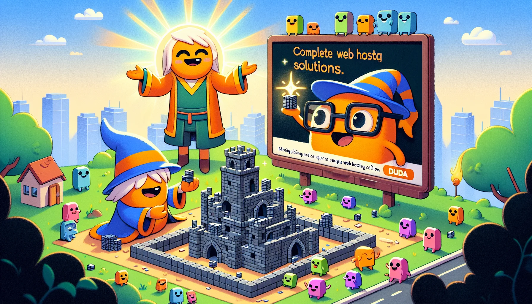 Imagine a comedic scenario involving an unbranded website builder similar to Duda. Picture this: A friendly orange cartoon character, wearing glasses and a sweeping wizard's hat, is enthusiastically constructing a digital castle. Beside it, there's a billboard displaying text about complete web hosting solutions. The scene is teeming with adorable, colorful pixelated creatures who are helping with the building process, carrying minute squares (pixels) and arranging them to form the castle. Meanwhile, a digital sun brightly shines in the background, symbolizing a promising future for anyone who uses the builder.