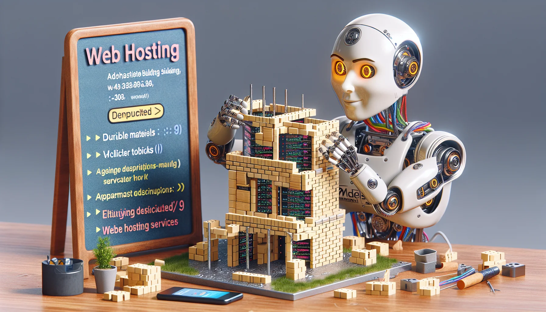 Create a humorous and detailed scene that showcases a website builder, personified as an advanced AI robot constructed from durable materials, focusing intensely on constructing a website that looks like a building, complete with digital bricks and code wires. The AI is Caucasian and is portrayed here as female. Adjacent to her, a signboard advertises enticing web hosting services, with appealing descriptions and rates. The scene implies an interesting blend of technology and creativity, illustrating AI's role in website building and web hosting.