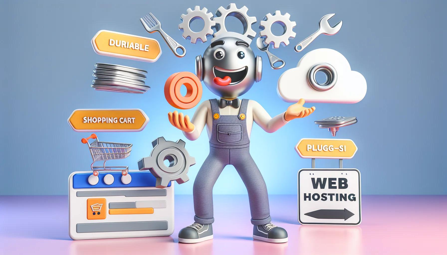 Create an image portraying a comedic scenario with a durable, anthropomorphized website builder. This character is engaged in a juggling act, playfully balancing web icons, such as a word cloud, shopping cart system, and a plug-in symbol. Meanwhile, an eager sign labeled 'web hosting' watches him with great interest, arched eyebrows and a giant smile sculpted on its face. The backdrop is full of soft pastel hues signifying a calm digital domain.