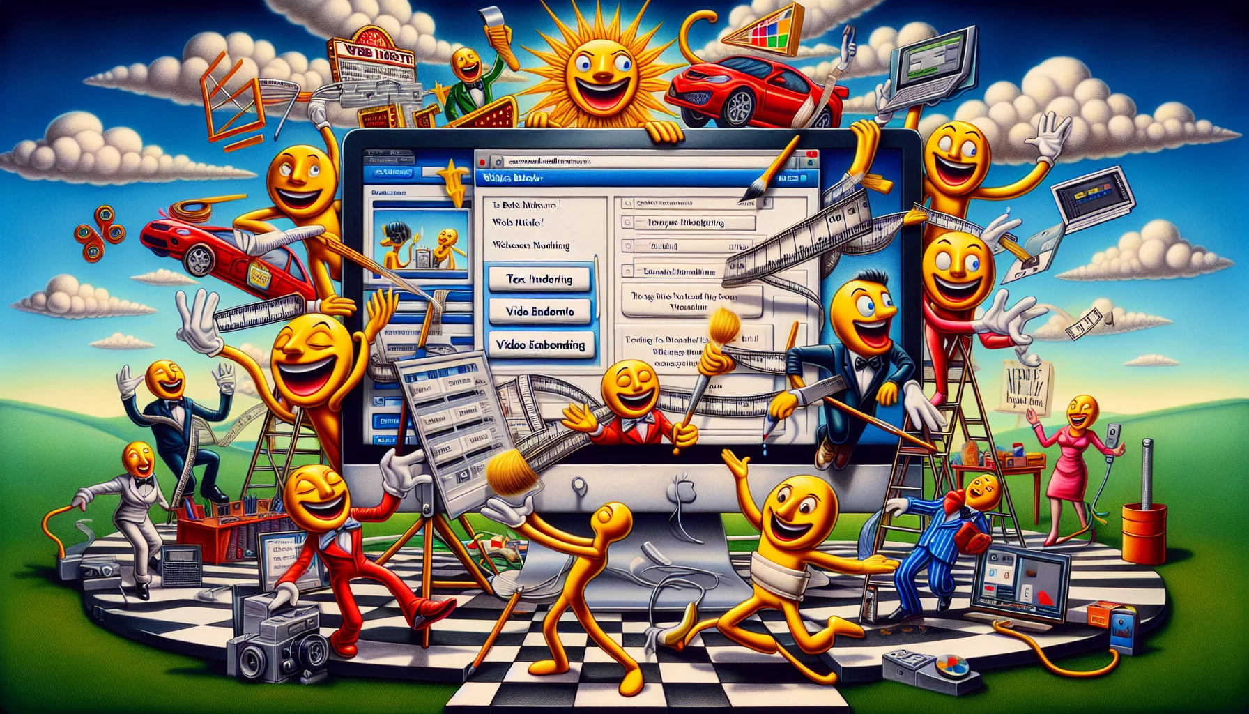 A vividly detailed image depicting a humorous scene about website building for beginners. In the center, a large computer monitor displays an easy-to-use, intuitive interface of a website builder, with drag and drop modules for text formatting, image inserting, video embedding, and template selection. Surrounding the monitor, a cast of anthropomorphized tools commonly associated with website construction: a laughing 'text module' juggling fonts, a 'video module' creating a Hollywood blockbuster, and a 'template module' dressing up like a fashion designer. On the background, subtle cloud figures imply web hosting, with some of them playfully racing as if to signify speed and reliability.