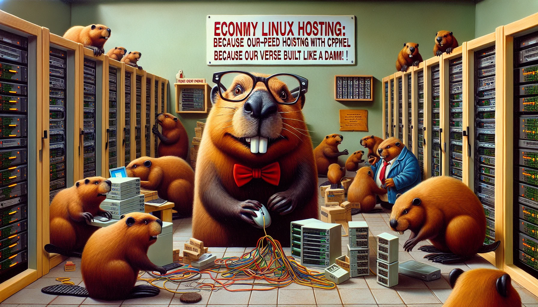 Imagine a humorous scenario where animals are portrayed as computer programmers, managing a server farm. A crowd of diligent beavers, known for their natural building abilities, are managing Economy Linux Hosting with cPanel. In the center, a beaver wearing thick glasses and a bowtie is standing on its hind legs, clicking a mouse connected to a computer. Other beavers are arranging wires and inspecting server systems. The scene is abuzz with activity, echoing the busy online world. A sign on the wall humorously reads: 'High-speed hosting: Because our servers are built like a dam!'. Note: All components must be painted in a realistic manner.