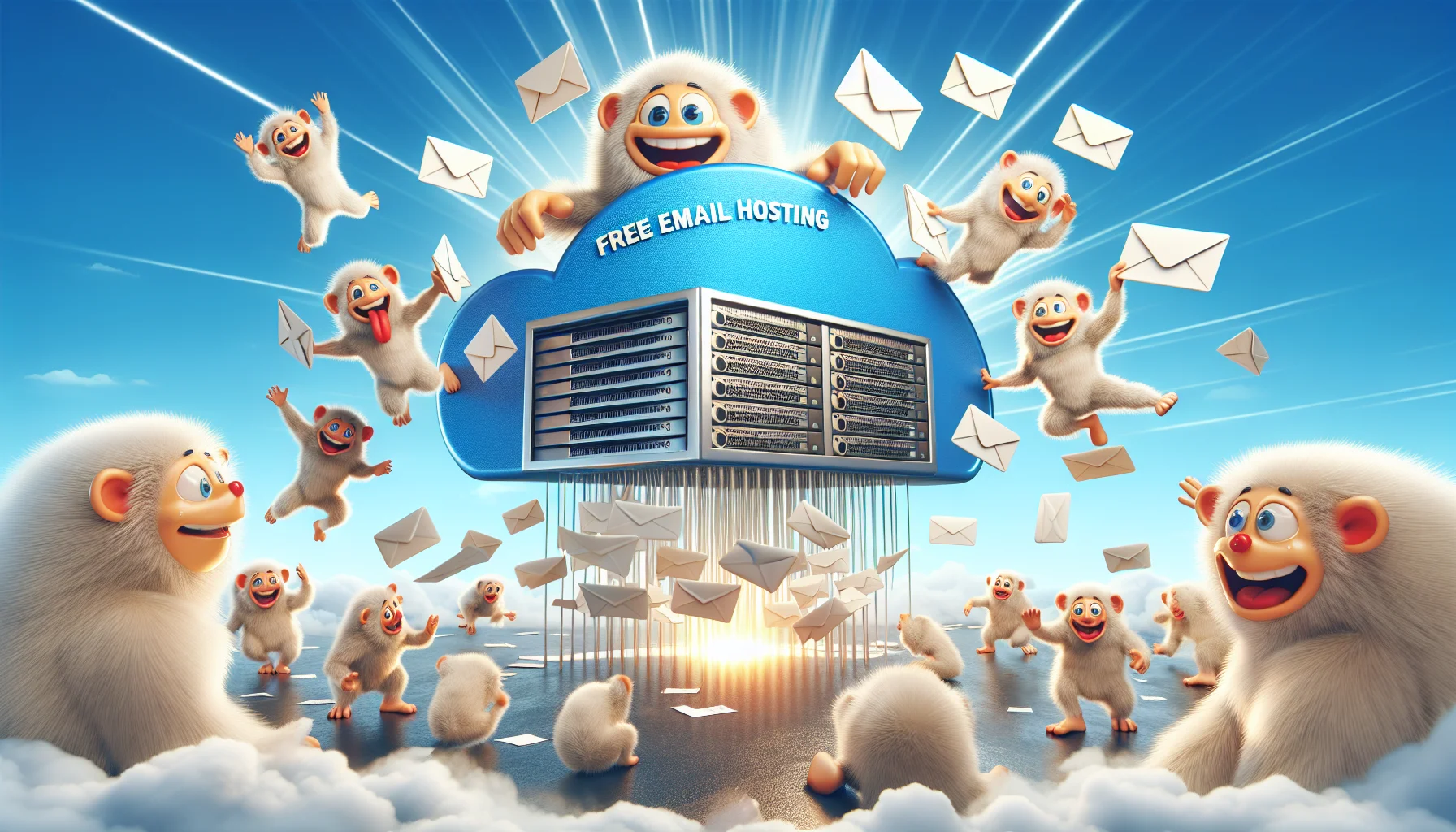 Create a humorous and captivating representation of free email hosting for web hosting. Picture a scene where anthropomorphic email envelopes are joyfully jumping into a gigantic, shiny digital server, happily opening up and showing messages. The scene is happening in a cloud, labeled 'Free Email Hosting', floating high in the sky with rays of sunlight beaming through it. Nearby, web pages represented as furry, friendly creatures are watching this scene with a grin as if they're enticed. The background consists of blue sky and fluffy white clouds.