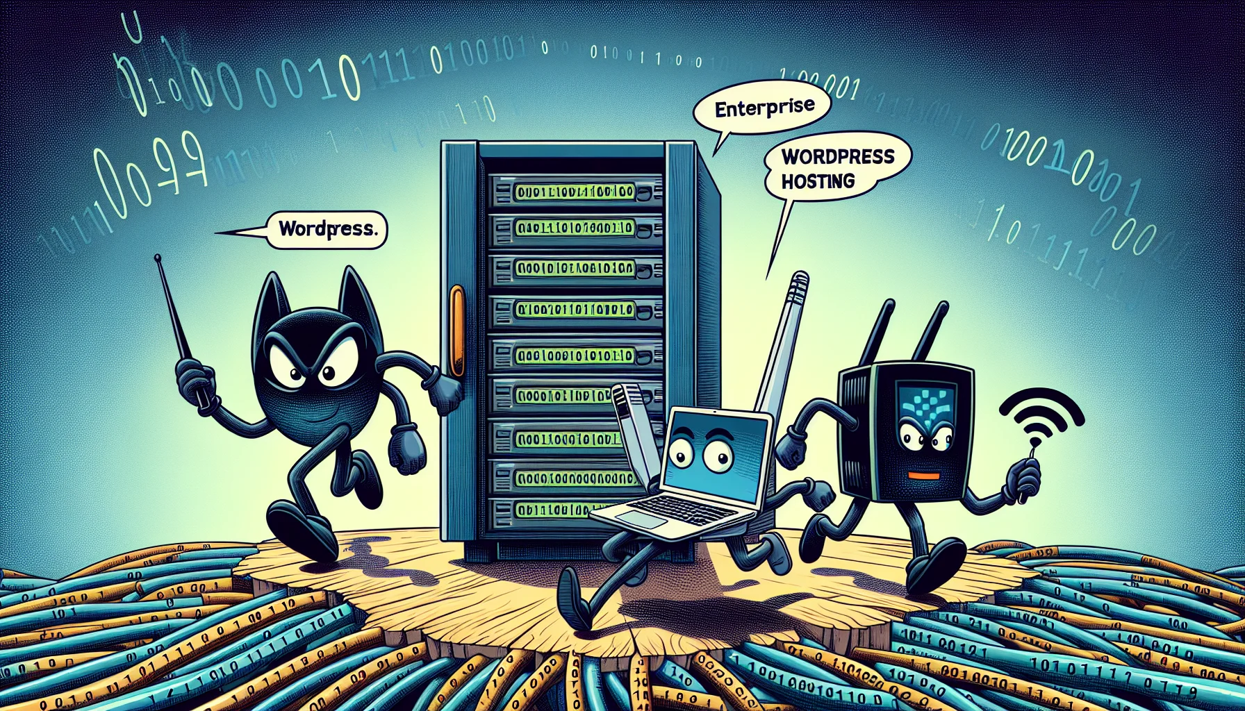 Imagine an entertaining scenario around the concept of enterprise Wordpress hosting. As part of the scene, visualize three anthropomorphic devices - a server rack, a laptop, and a Wi-Fi router - on a comic journey. The server rack, characterized as a diligent, burly entity, leads the team. The spry, energetic laptop eagerly clicks and types away, while the Wi-Fi router, the quirky, somewhat aloof character, beams signals into the ether with gusto. They traverse a landscape made of binary codes and network cables, symbolizing the digital expanse they manage, promoting a sense of inclusivity and collaboration in their web hosting adventure.