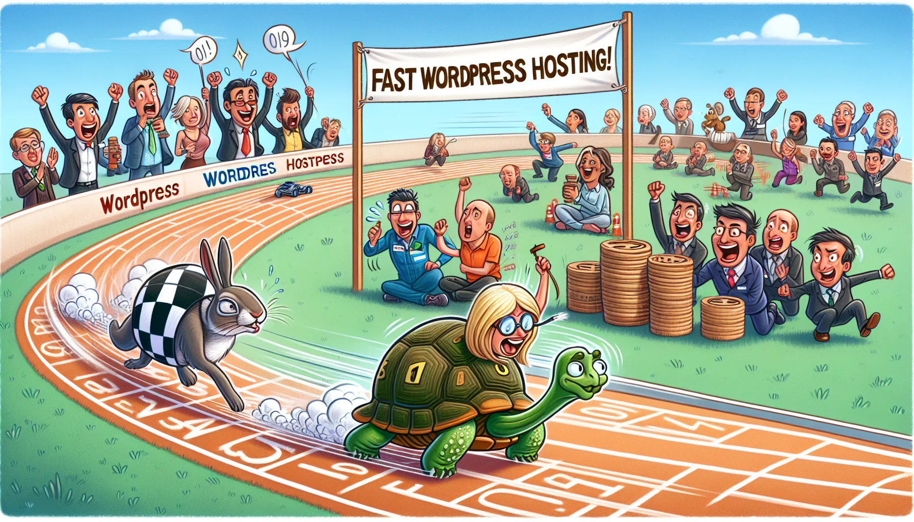 Imagine a humorous scenario showcasing the concept of fast Wordpress hosting. The setting is a racetrack with a tortoise and a hare. The hare, representing slow hosting, is huffing and puffing, lagging behind. The tortoise, symbolizing the speedy Wordpress hosting, is surging ahead with unexpected energy, leaving a trail of ones and zeros (binary code) behind to symbolize digital speed. The spectators are a mix of various professionals, men and women, from different descents cheering and expressing surprise. Above the racetrack, a banner proudly declares, 'Fast Wordpress Hosting!'. The whole scene has a touch of cartoonish exaggeration for comedic effect.