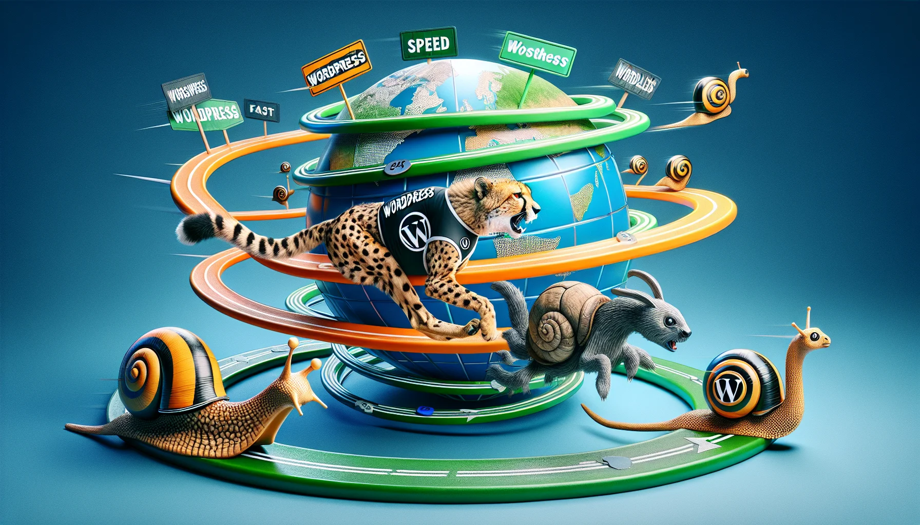 Create a creative and humorous image showcasing an abstract idea of a speed race. In this image, visualize different animals representing different types of web hosting. A cheetah, known for its speed, is representing fast WordPress hosting. The other animals, a snail and a tortoise, representing slower web hosting options, are clearly lagging behind. The animals are racing on a makeshift track that intertwines and spirals around a humorous interpretation of the globe, depicting the worldwide aspect of web hosting. Display the word 'WordPress' on the cheetah's racing jersey and the hint of a trademark logo to imply WordPress hosting. However, avoid any actual brand logos to respect copyright policies.