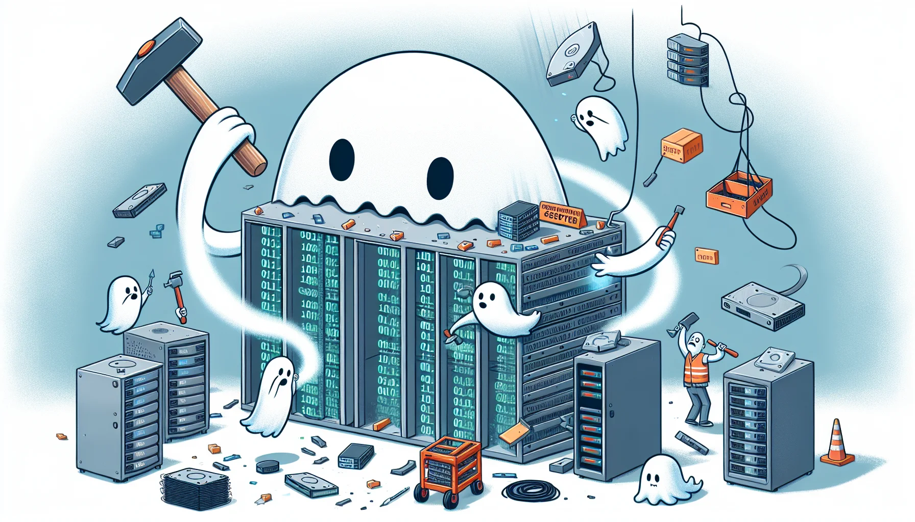 Illustrate a humorous scenario involving a whimsical phantom character intent on building websites. It is using a spectral hammer and chisel on flat blocks of binary code, artistically interpreted as solid surfaces. Web hosting elements like server racks and fiber cables are scattered around, playfully serving as construction material. Some ghosts are running around with hard drives while others are joined together in a spectral assembly line, making the scenario seem lively and chaotic. The primary colors in this image should be light greys, blues, and glowing whites to emphasize the ghostly and digital elements.