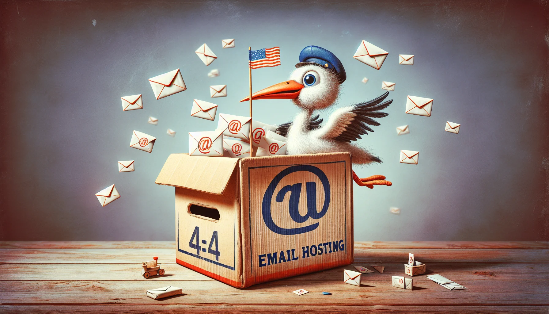 Create a humorous image that depicts the concept of email hosting. A cardboard box painted to look like a traditional post office, complete with a flag and front slot, sits on a wooden desk. In the box, visible through the slot, are several small envelopes with '@' symbols on them, representing digital emails. A cuddly caricature of a stork is struggling to lift the box, its comical expression showing determination, indicating the delivery of these web services. Small, playful icons and symbols associated with web hosting are scattered around the scene, adding an element of fun and sprightly appeal.