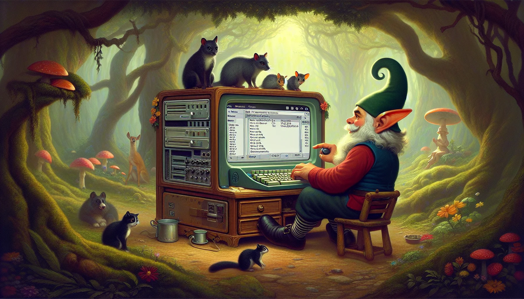 Create a humorous image of a fantasy character, perhaps a gnome or an elf, working diligently on a vintage computer. On the screen, there are glimpses of a Linux-based control panel, representative of web hosting settings and options. The character is in an enchanting forest setting with curious animals watching the process. Please infuse the image with colors and details that make it inviting and appealing.