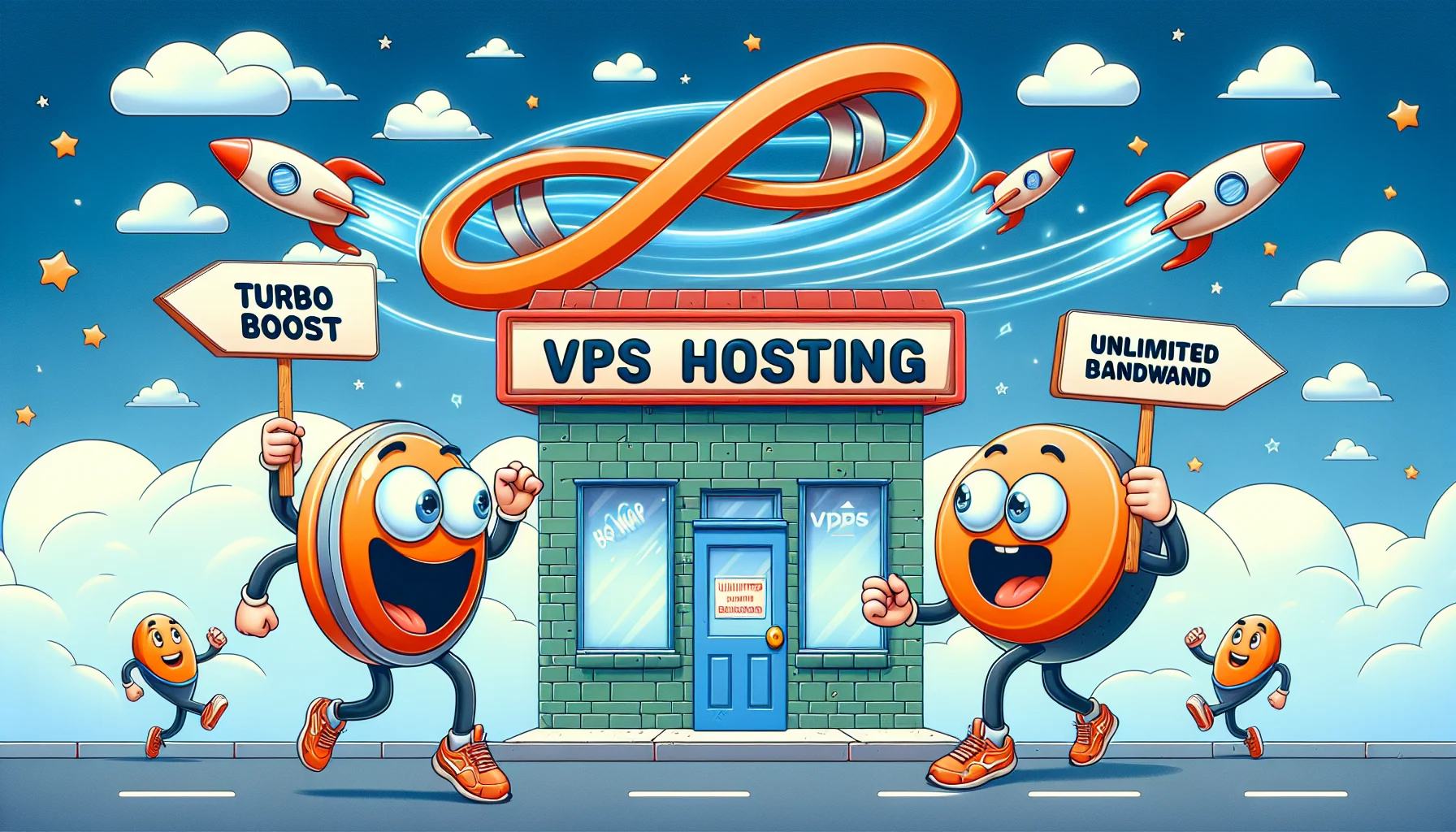 Create a complex image commensurate with a fun and lighthearted scenario that might entice consumers interested in web hosting. In the center, there could be a metaphorical storefront labeled 'VPS Hosting.' Outside the store, two mascots are enthusiastically promoting the hosting plans. One is an anthropomorphized 'turbo boost' button dressed in running clothes, implying speed and efficiency. The other could be a friendly 'unlimited bandwidth' character holding a large infinity sign, showcasing the ideas of boundlessness and freedom that web hosting could provide an individual or business.