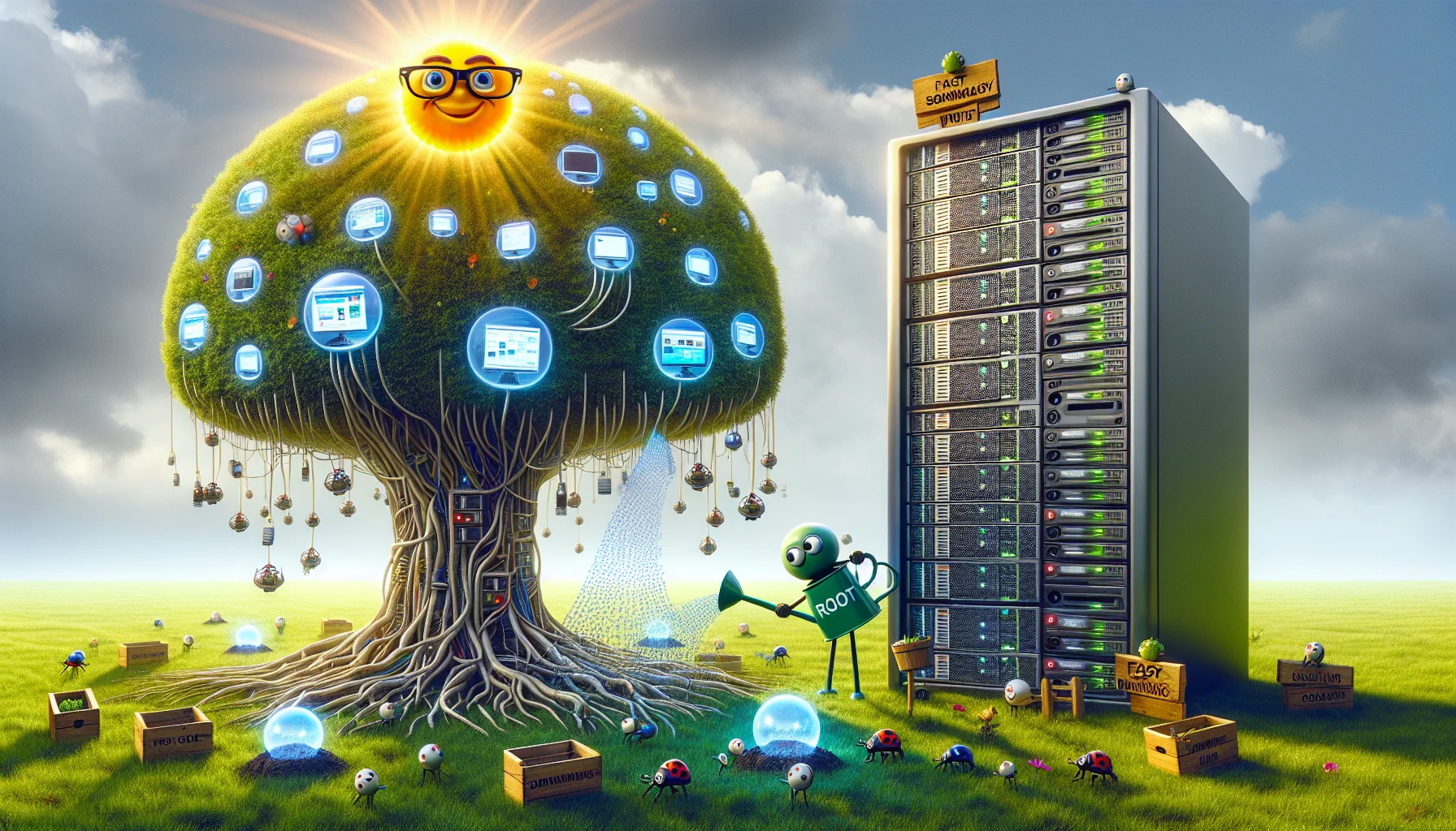 Create a humorous, highly detailed image to illustrate the concept of a virtual private server (VPS) hosting service. Picture a surreal scene: a computer server, portrayed as a high-tech tree, stands tall in a lush green field under a clear sky. The 'fruits' of this tree are luminous orbs, symbolizing different websites. Each orb showcases a dynamically-designed website, animated with life from the traffic flowing to and from them. But there's a quirky twist: tiny cartoonish robots are busy working around the tree, digging up digital bugs, symbolizing security measures, and watering the 'root' directory with a watering can that says 'Fast Bandwidth'. To light the mood, add an amusing sun in the sky, wearing a pair of chunky glasses and a broad grin as it showers rays of 'uptime and reliability' over the scene. Let this serve as a playful metaphor for a robust, reliable, and secure web hosting service.