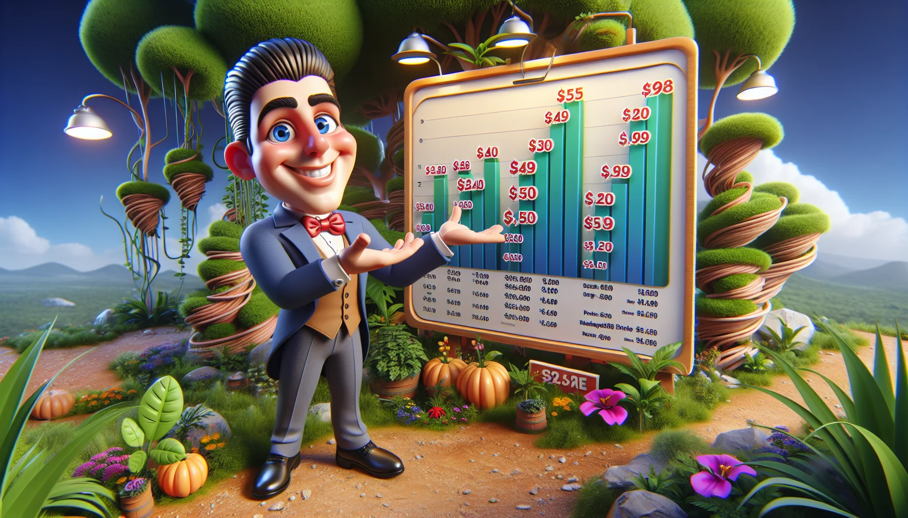 Envision a humorous scenario in a realistic setting featuring a cartoon character, reminiscent of a charming and persuading salesperson with a charismatic smile, displaying a large signboard. On the signboard, you see various layers of prices humorously portrayed as growing plants, each layer representing different aspects of web hosting services, indicating the rising costs as the features increase - a cheeky nod to the pricing system of a popular website builder service. The environment around the character is teeming with vibrant colors, creating a playful and enticing atmosphere.