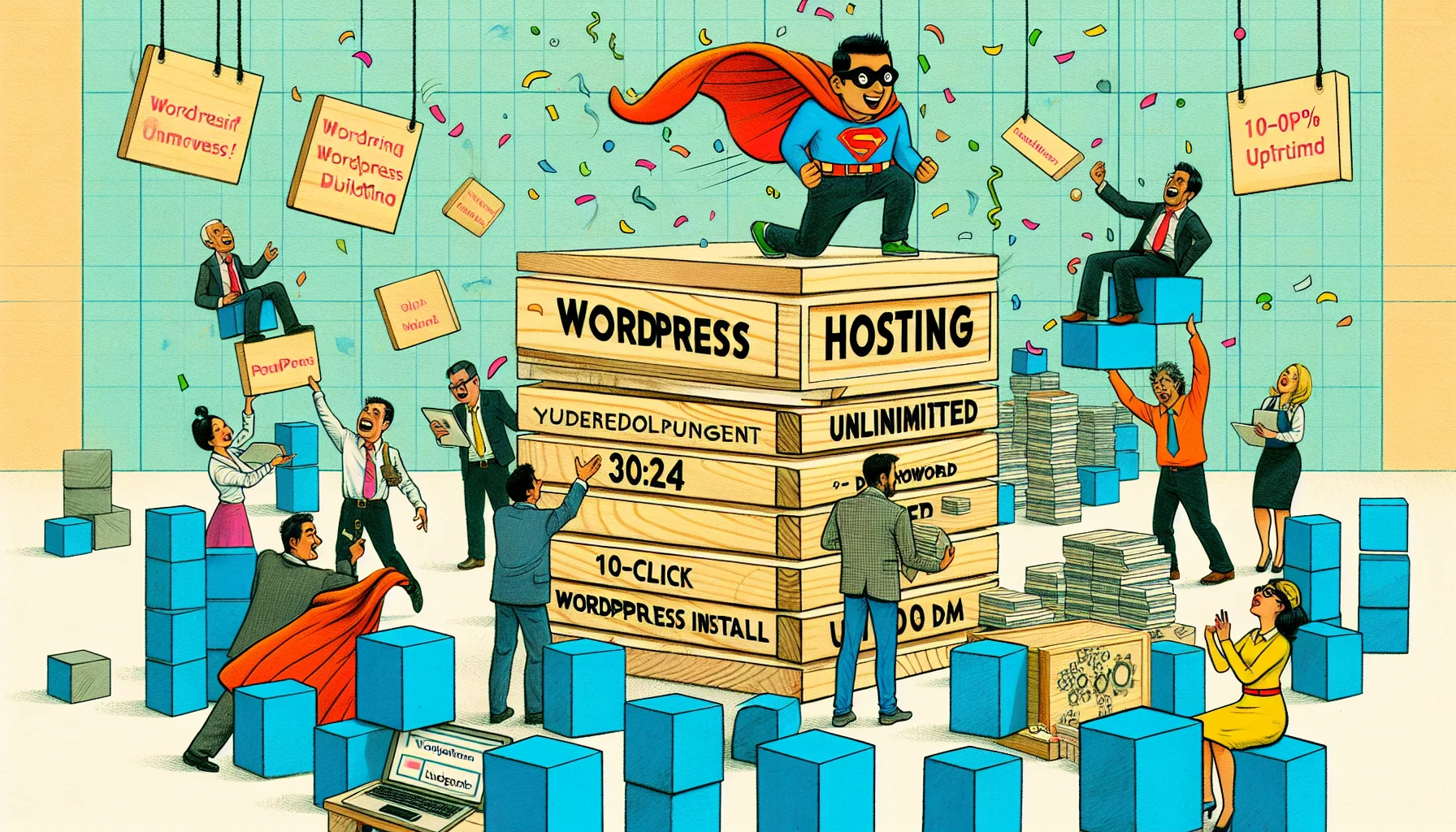 Visualize a humorous scenario illustrating an imaginary web hosting company's Wordpress hosting plans. Picture several cartoon characters in a bustling office environment. They are meticulously devising different hosting plans, represented by giant, labelled building blocks they attempt to balance on a comically teetering table. One character, a cheerful South Asian male, wears a superhero cape and struggles to lift a massive block labelled 'Unlimited Bandwidth'. A Hispanic woman, on the other hand, is doodling clever phrases on a block named '1-Click Wordpress Install'. In the background, a Middle Eastern man in business attire is being showered with confetti while holding the '100% Uptime' plan aloft.