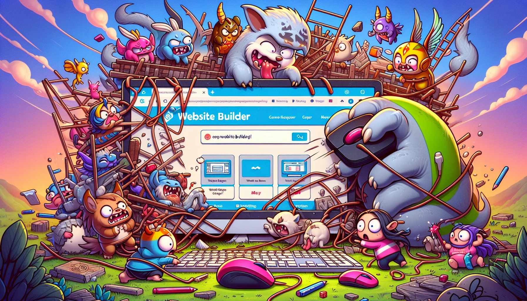 Show an amusing scenario where cute and colorful cartoon characters are designing a website. The characters might look like a mix of animals and mythical creatures. They're clumsily trying to maneuver around oversized tech items - a giant computer mouse, keyboard and screen. The screen displays a generic website builder (avoiding specific brand names), meant to be a funny yet enticing representation of one-stop web hosting solutions. The scene is filled with action and humor - characters slipping on keys, wrestling with tangled wires, or frantically typing away. The background shows a fantasy world with a mixture of modern and medieval elements.