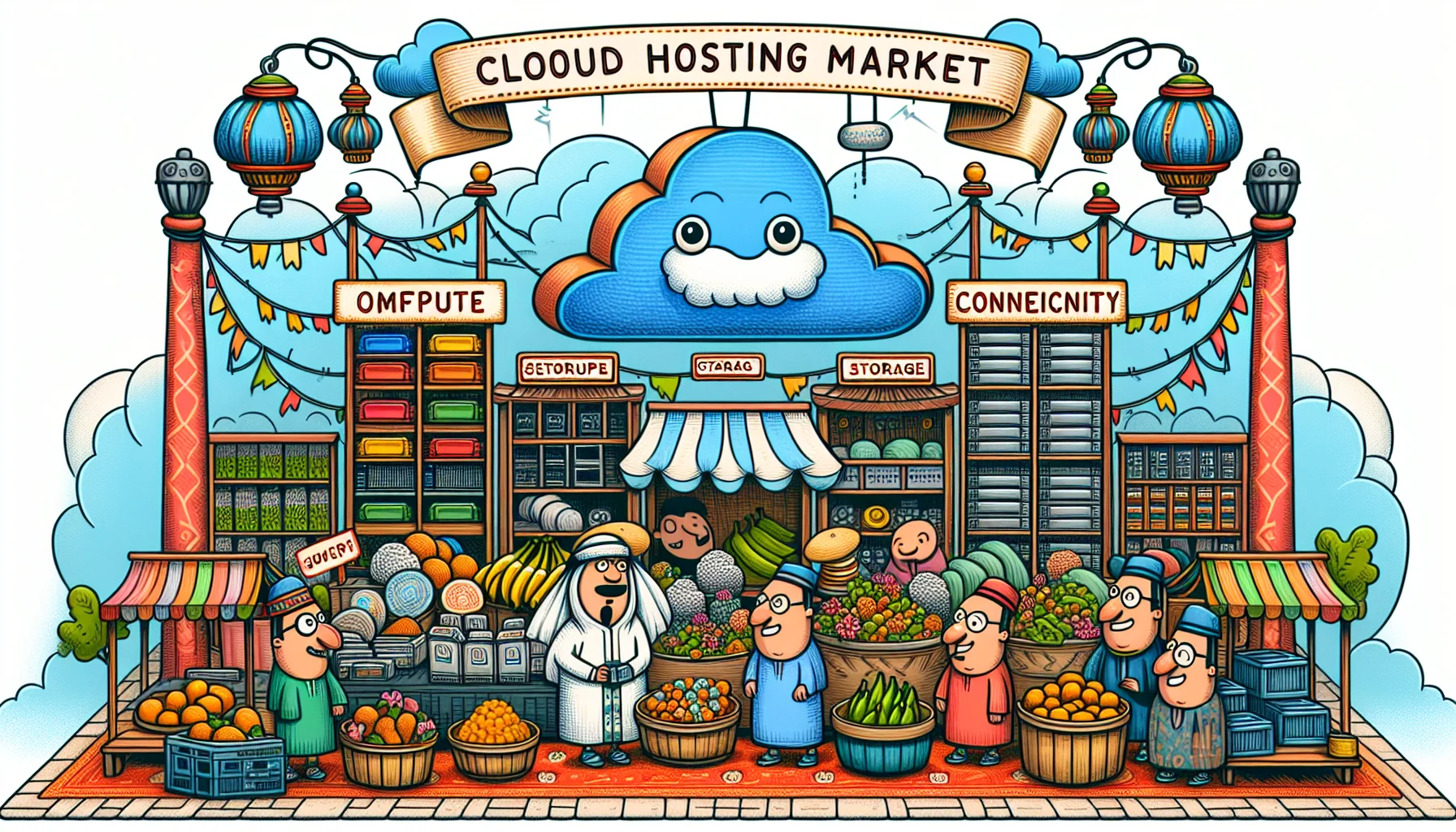 Generate a whimsical picture depicting a traditional market scene. Let the market stalls be filled with various items that symbolically represent different features of cloud hosting: compute power, storage, and connectivity. Have quirky, cartoon-like characters interacting with the items, expressing their delight or surprise at how affordable and accessible they are. Create a large banner hanging above the market scene that reads 'Cloud Hosting Market: High Quality, Low Prices!' Please make sure to use vibrant colors and engaging details to make the image enthralling and enticing.