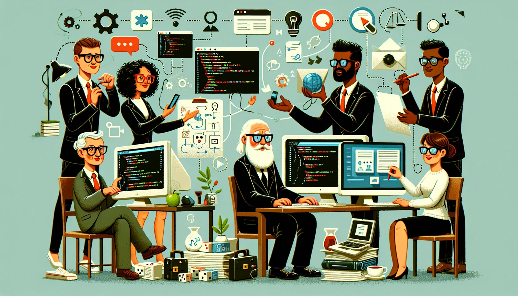 Create a humorous and engaging scenario illustrating the process of creating a website without using a website builder. More specifically, the image should show several unique characters each performing different tasks integral to the process. A Caucasian man with glasses is seen coding on a vintage computer, a black woman with a business suit is negotiating contracts for web hosting services, a Middle-Eastern man with a detailed plan represents the website's design and a South Asian woman is testing the website for bugs. Objects and symbols that represent coding, web hosting, and design are scattered around.