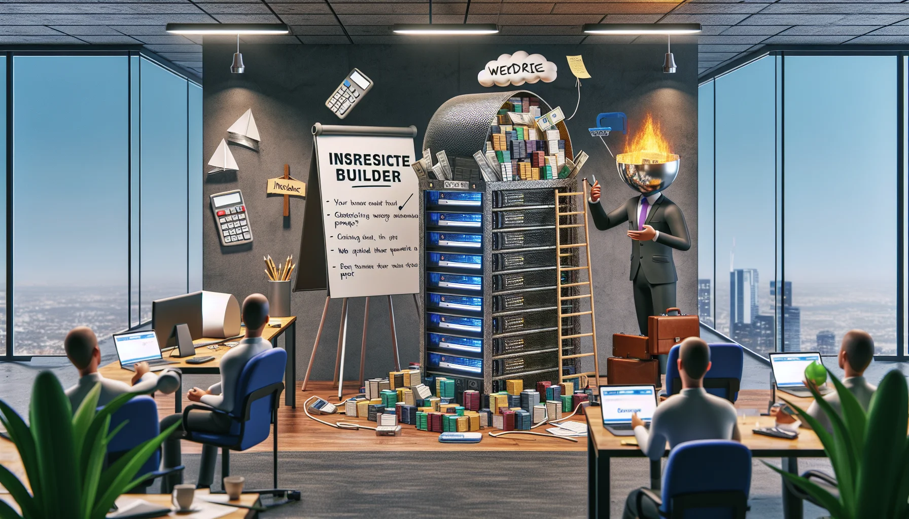 A humorous scenario unfolds in the world of website design. Inside a digitally illustrated office, an anthropomorphized version of an insurance website builder, characterized by a creative blend of classic insurance symbols such as shields, briefcases, and calculators, is trying to entice an equally cartoonish representation of a web hosting service, portrayed as a modern server rack with lights. The insurance builder has an engaging sales pitch written on a flipchart and is using comic tactics like juggling data packets and performing funny tricks to make the pitch more entertaining.