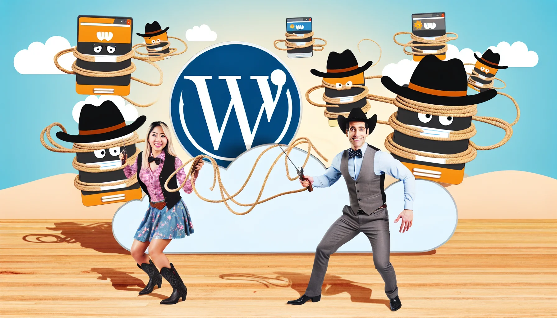 Create a comical scene portraying a web hosting service. In this scenario, one middle-aged Caucasian man and one young South Asian woman, both dressed in smart casual attire, are trying to host multiple floating digital websites in the cloud with lassos, as if they were cowboys in the Wild West. The websites have the WordPress logo but with playful faces, creating a humorous depiction of web hosting. Include a bright background, upbeat color scheme and add funny tech-themed rodeo elements around.