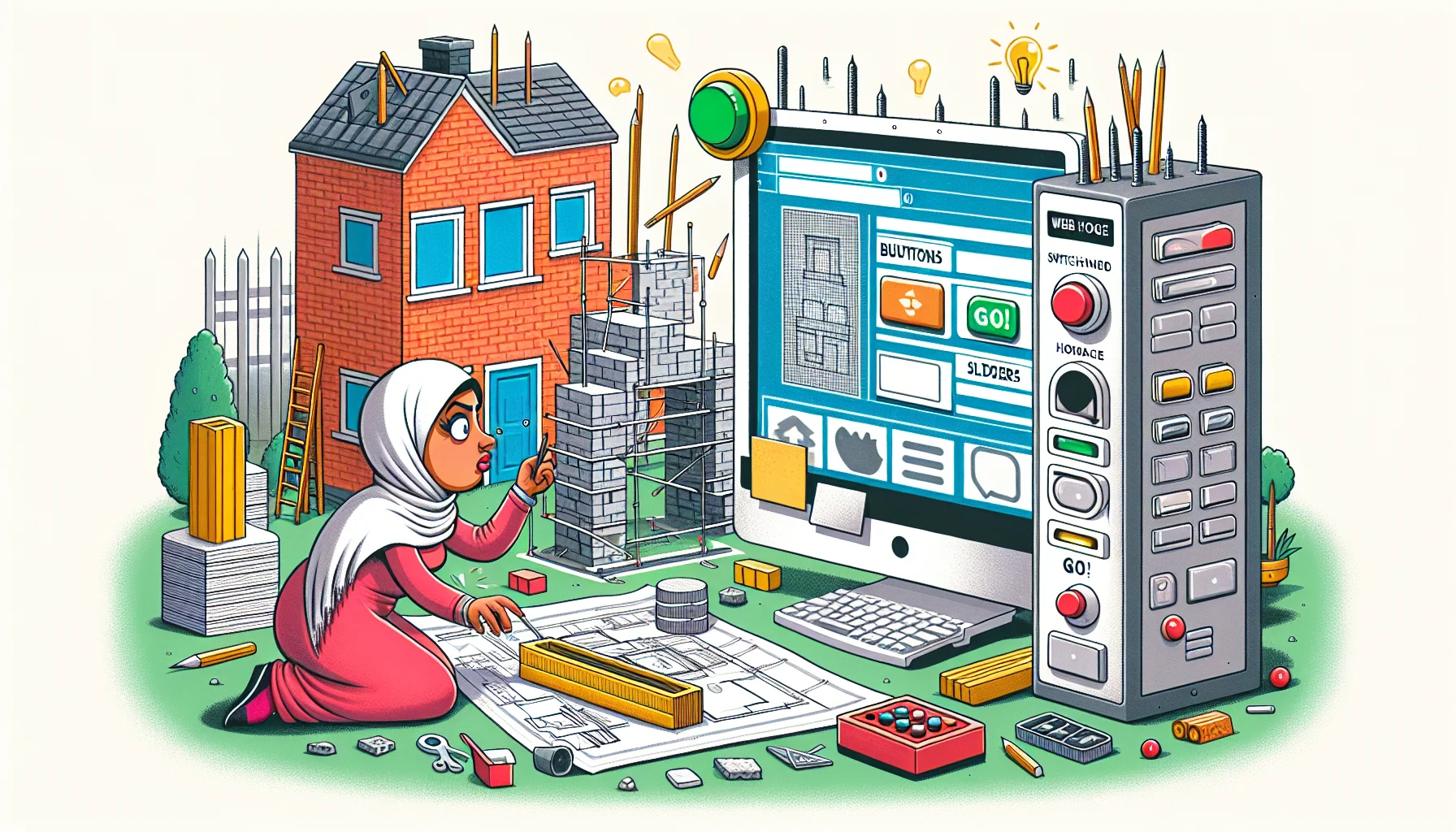 Create a humorous scene depicting a web page being built in the style of an architect constructing a building. The architect, a Middle-Eastern woman, is hard at work and focused on the blueprints. Around her are various building materials, but they all represent different web elements, such as buttons, sliders, and images, instead of bricks and mortar. A comically large, symbolic switchboard has a label saying 'web hosting' and the architect is about to press a massive, enticing green 'GO' button to bring the webpage to life.
