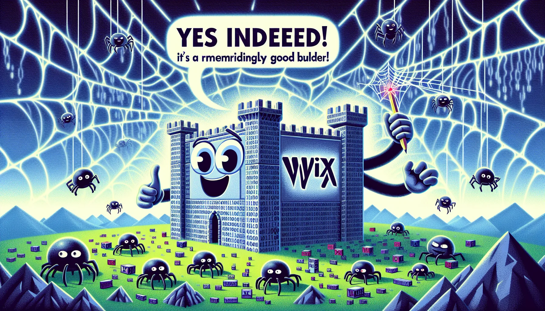 Create a comedic image demonstrating an anthropomorphic computer mascot, possessing attributes that represent high quality, flexibility, and ease-of-use, joyfully building a magnificent castle labeled 'Wix' on a virtual landscape. Surround the mascot are numerous 'web' spiders skillfully spinning webs that connect to the castle, symbolizing robust web hosting. The sky is teeming with binary code rain, symbolizing the flow of data and information. The overall tone expresses a positive affirmation that yes indeed, 'Wix' is a remarkably good website builder.